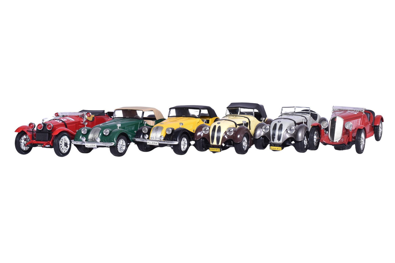 7325 - Six Polistil / Tonka 1:16 Die Cast Models - BMW 328, Alfetta, Morgan Plus 8, and 1:14 Fiat 508 thumbnail