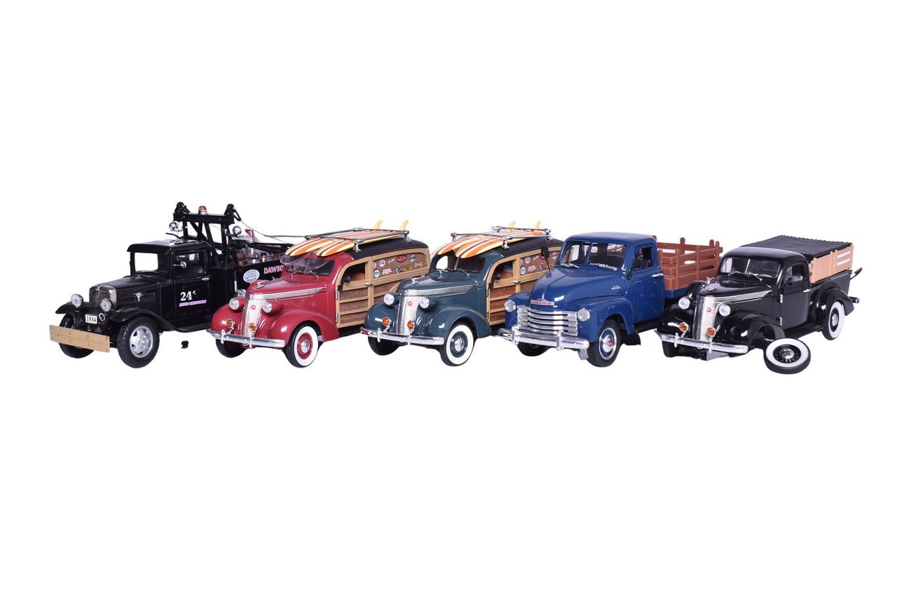 7328 - Five Unique Replicas 1:24 Die Cast Models - 1937 Studebaker Woody Wagon, 1934 Ford BB-157 Truck, and 1953 Chevrolet 3100 Pick Up thumbnail