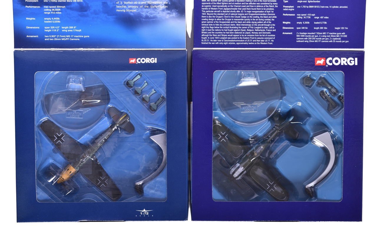 7490 - Pair of Corgi 1:72 Focke Wulf FW 190A-4 'Black Double Chevron' & Messerschmitt Bf109E-4 Diecast Planes thumbnail