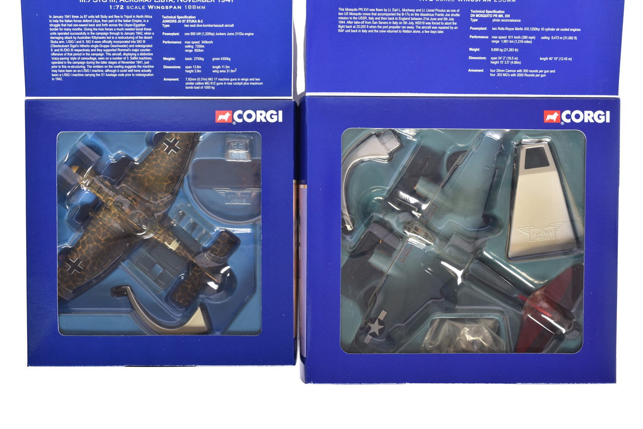 7498 - Pair of Corgi 1:72 WWII Mosquito PR.XVI & Junker JU87B-2 Tropical Stuka Diecast Planes thumbnail