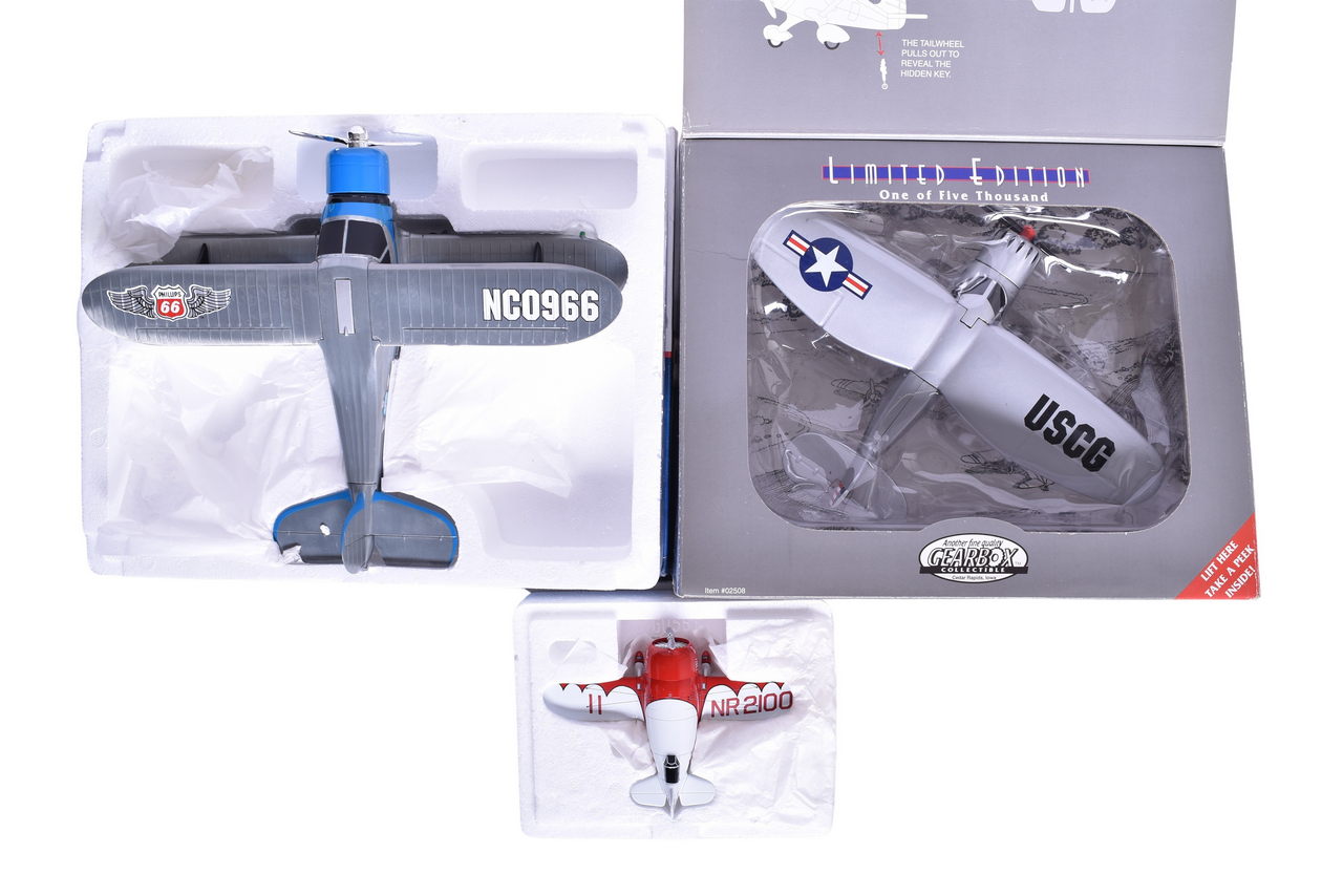 7867 - Trio of Diecast Model Planes - Phillips 66 1939 Beechcraft D17S, Gearbox Stinson Reliant, thumbnail