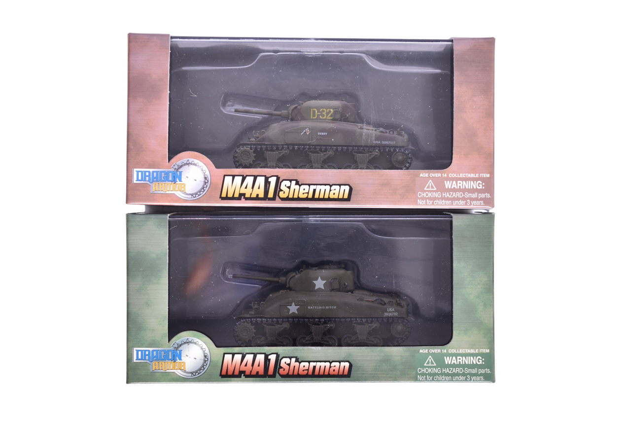 7874 - Pair of Dragon Armor 1:72 M4A1 Sherman Diecast WWII US Military Tanks thumbnail