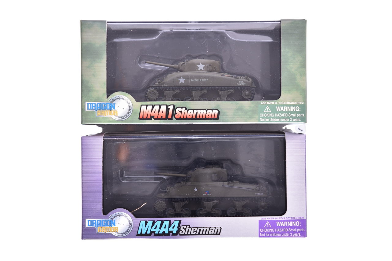 7875 - Pair of Dragon Armor 1:72 M4A1 and M4A4 Sherman Diecast WWII Military Tanks thumbnail