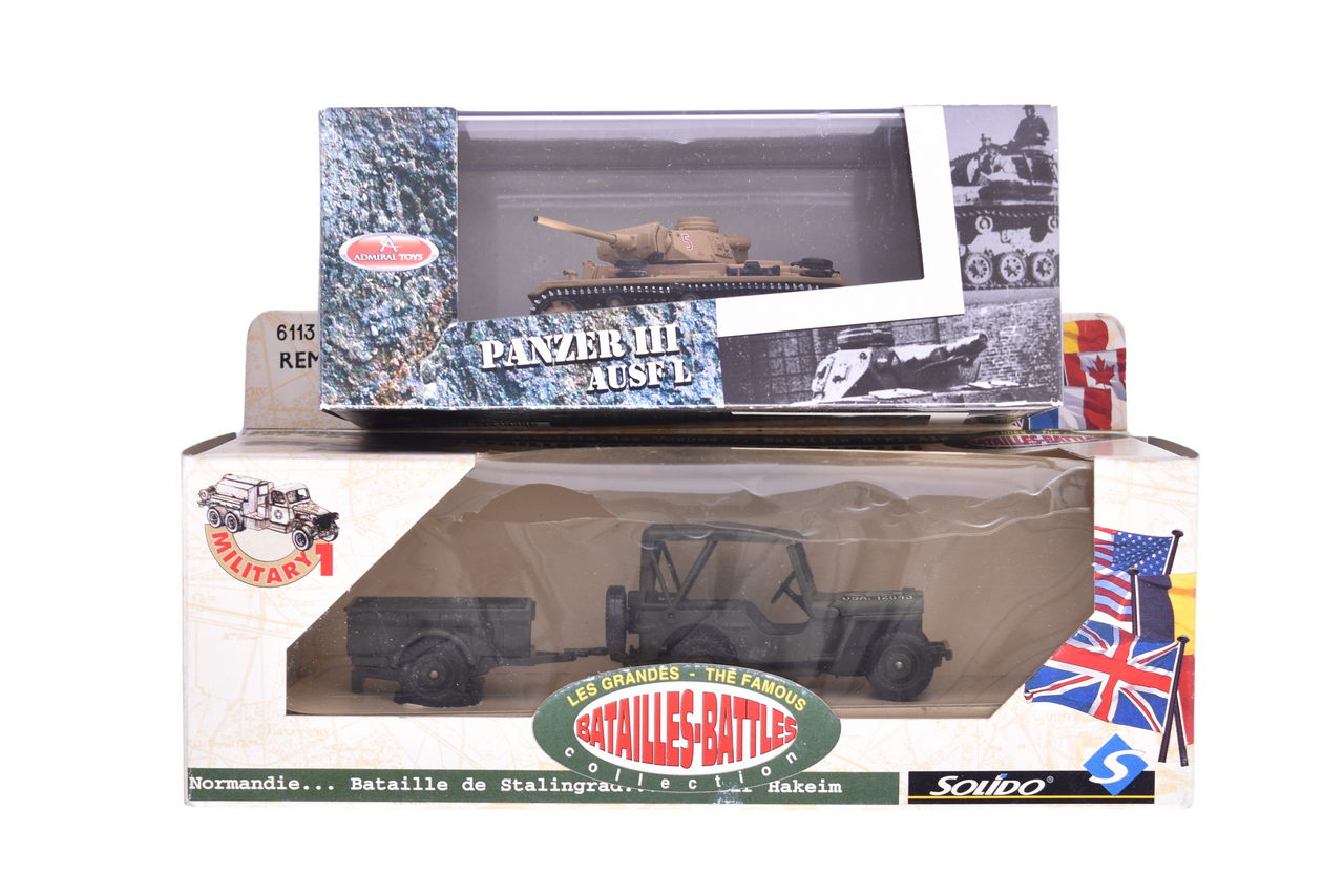 7897 - Pair of Diecast Military Vehicle Models - 1:72 Admiral Toys Panzer III Ausf L Tank and 1:43 Solido Jeep Remorque thumbnail