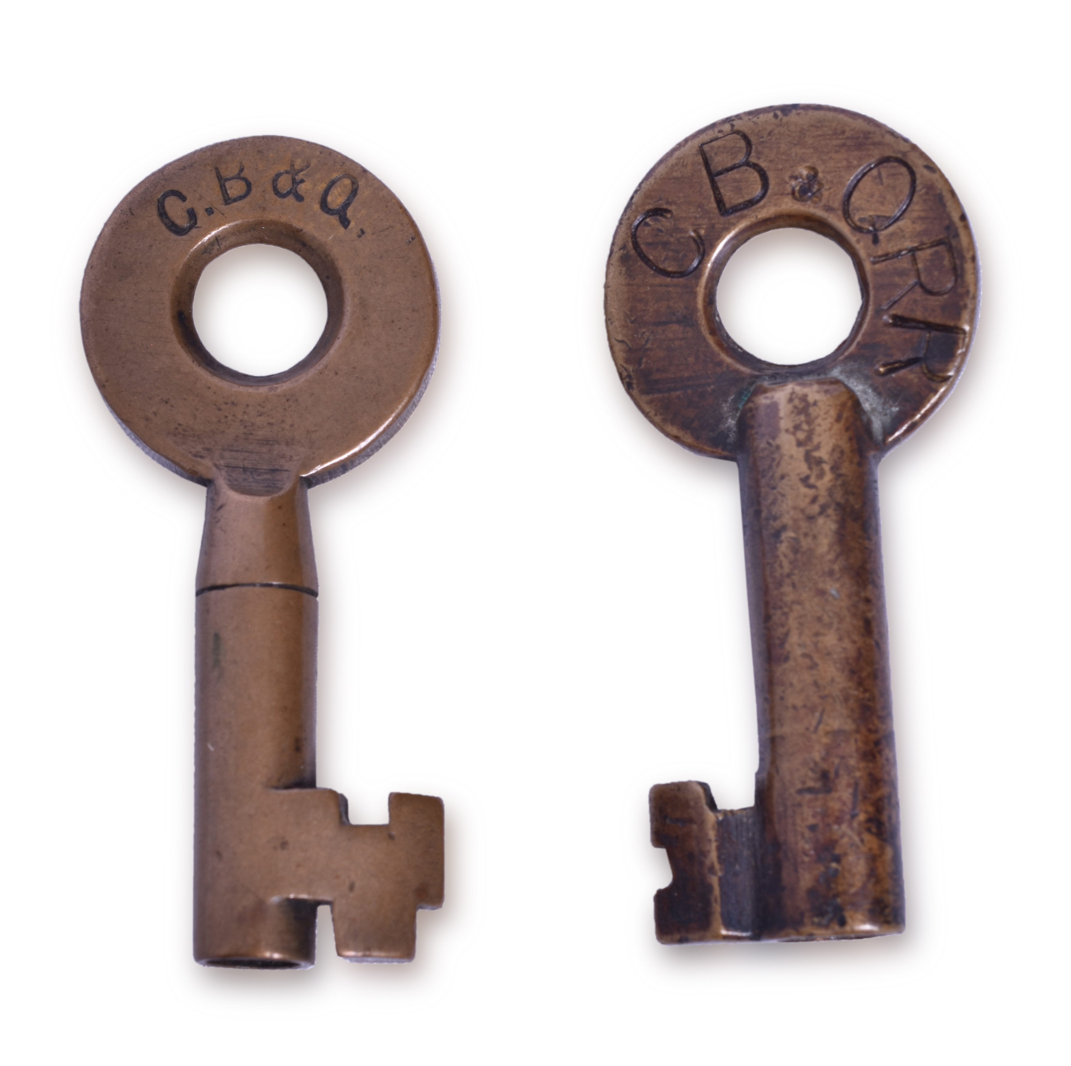 2010 - Pair of Burlington / CB&Q Railroad Brass Keys - One Tapered Barrel thumbnail