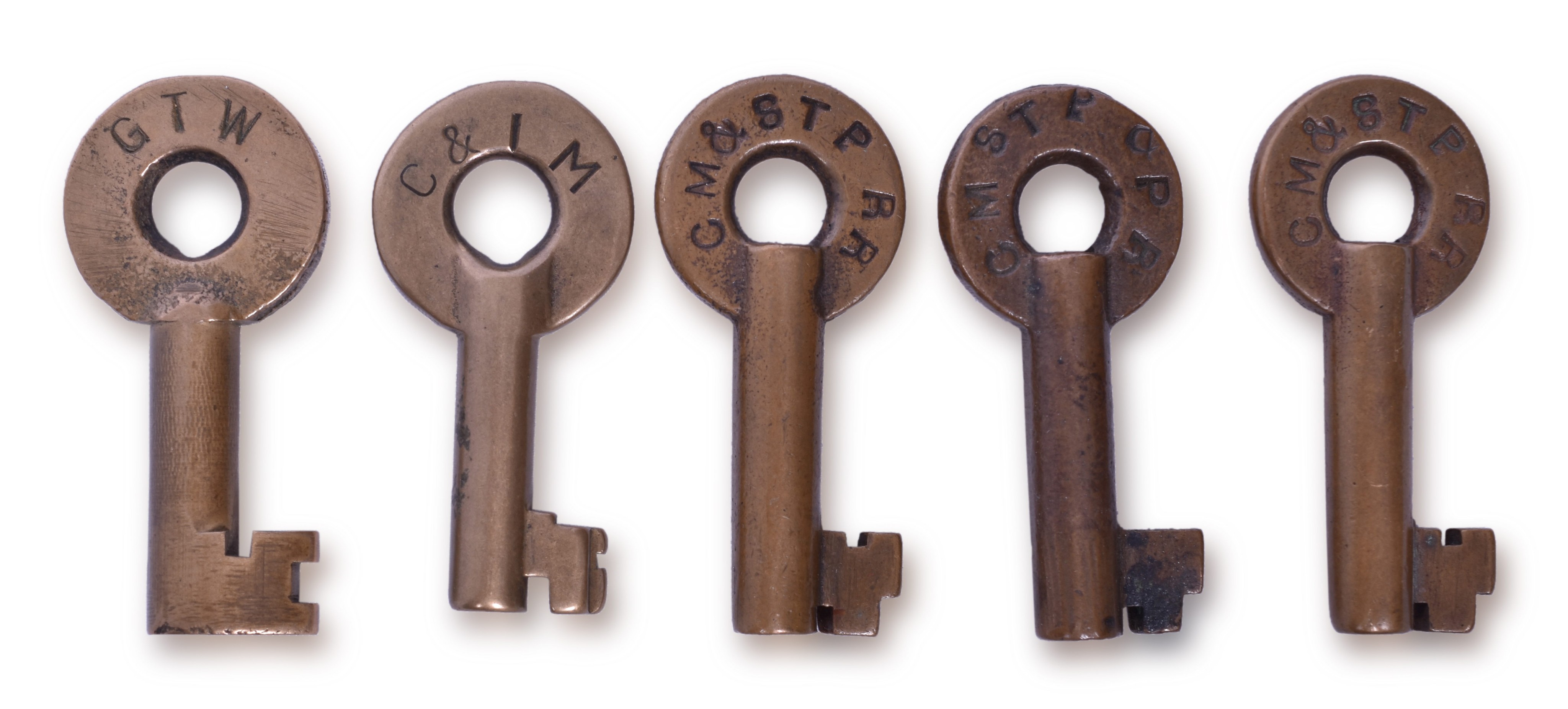 2018 - Five Railroad Brass Keys - Milwaukee Road, Chicago & Illinois Midland, Grand Trunk thumbnail