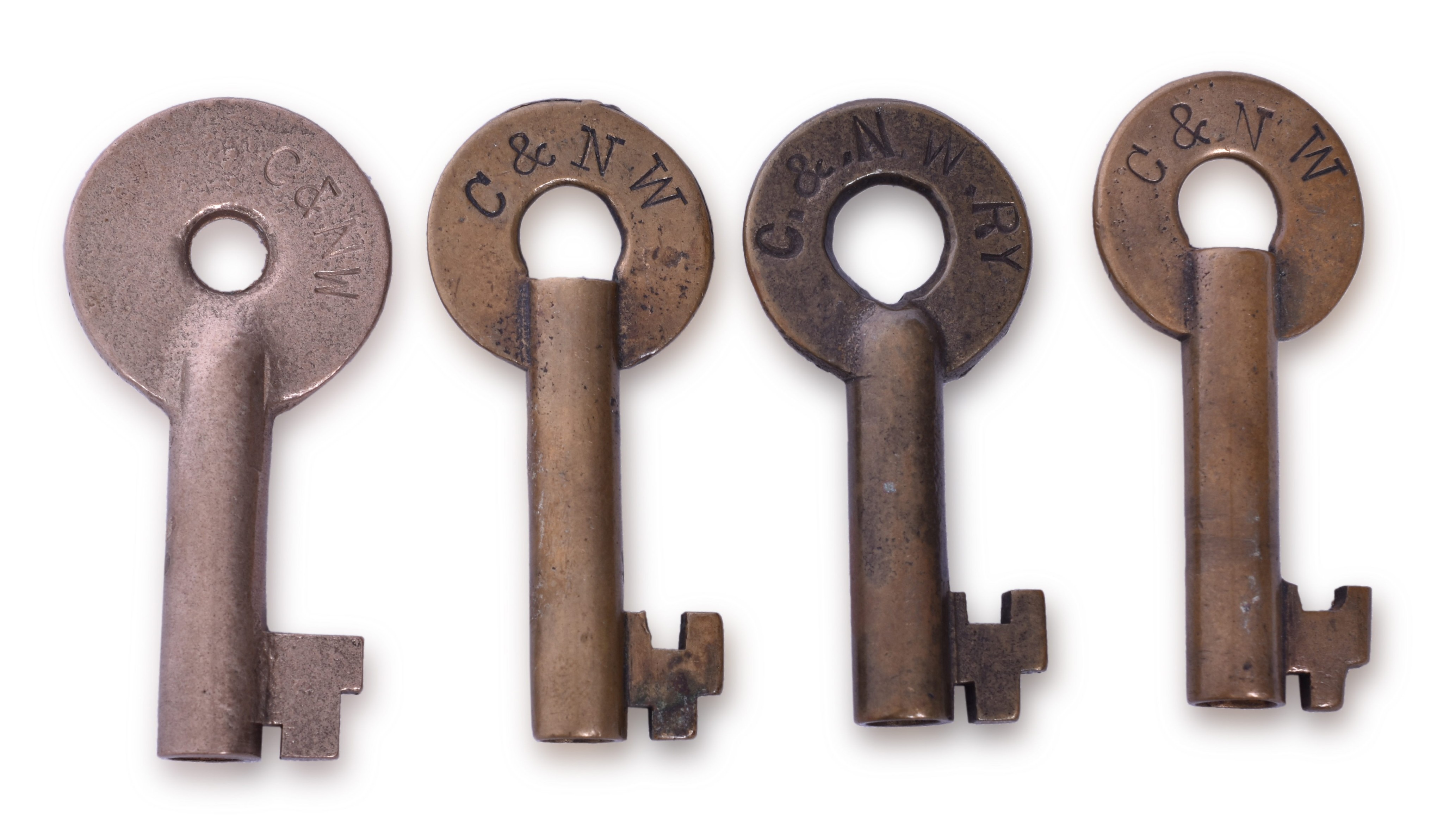 2020 - Four Chicago and North Western Railroad Brass Keys - Slaymaker, A&W, Adlake thumbnail