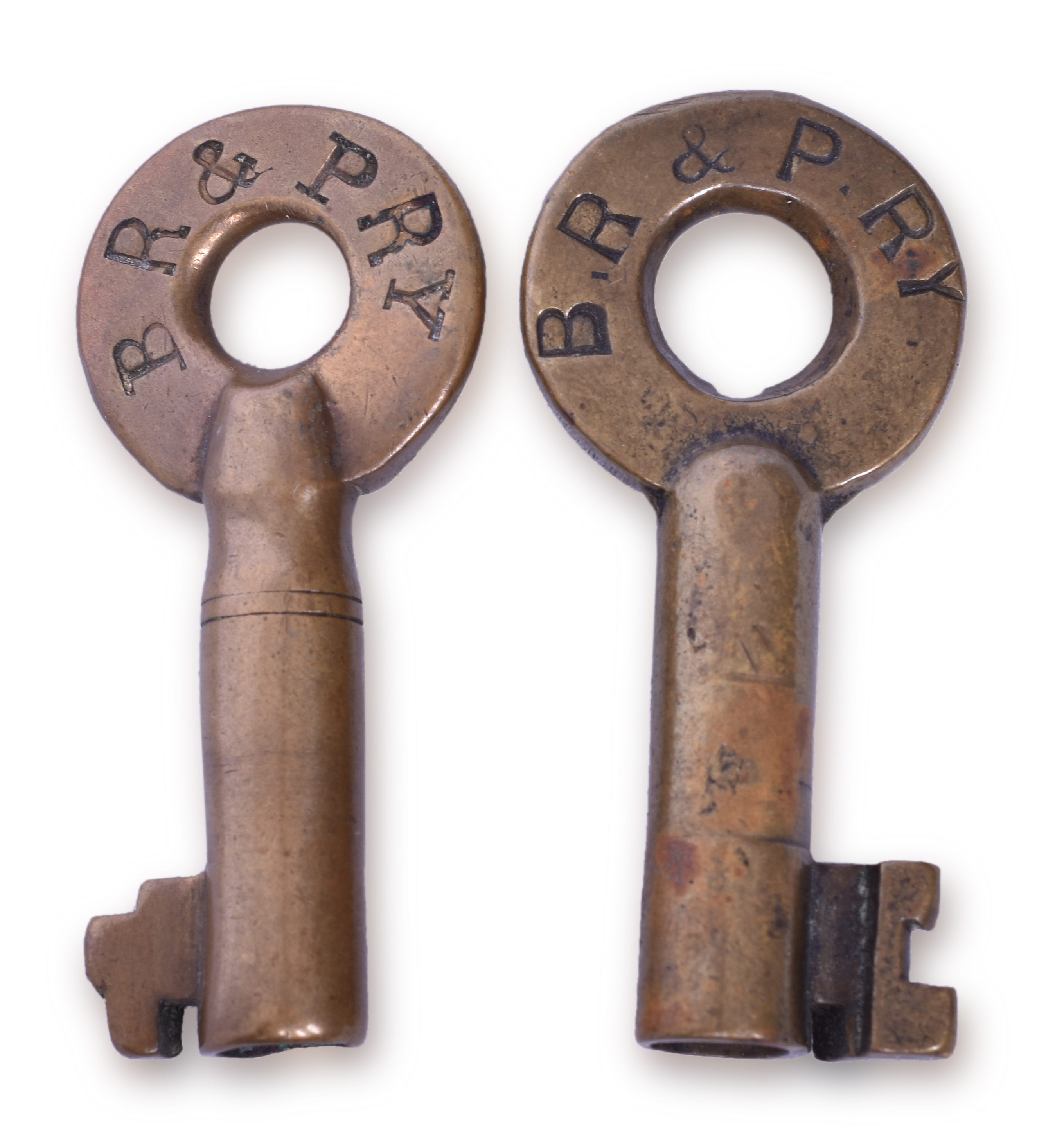 2022 - Pair of Buffalo, Rochester & Pittsburgh Railroad Brass Keys - Double Ringed, Tapered Barrel thumbnail