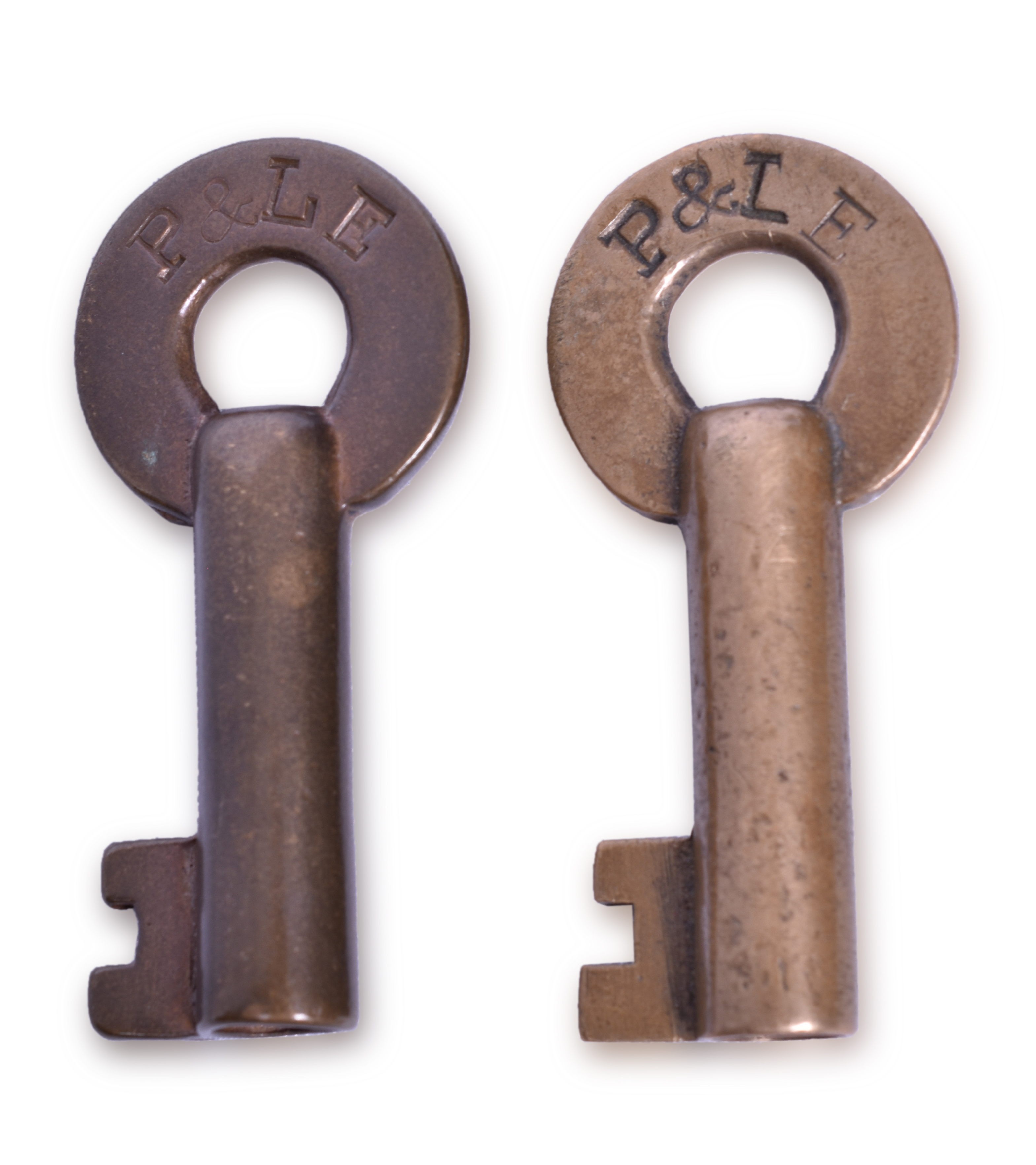2026 - Pair of Slaymaker Pittsburgh & Lake Erie Railroad Brass Keys - Serif Font thumbnail
