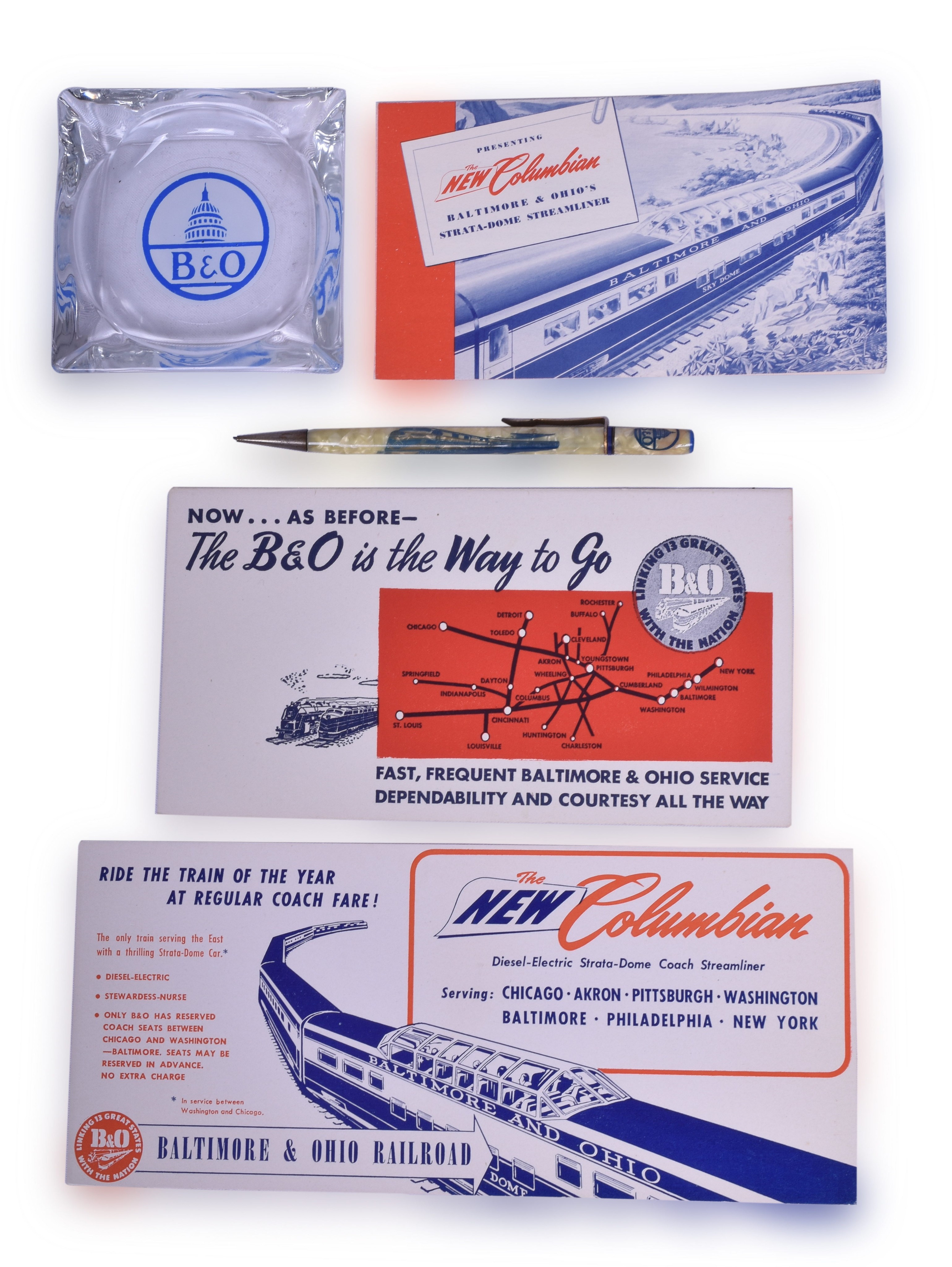 2109 - Baltimore & Ohio Railroad Glass Ash Tray, Ink Blotters and Mechanical Pencil thumbnail