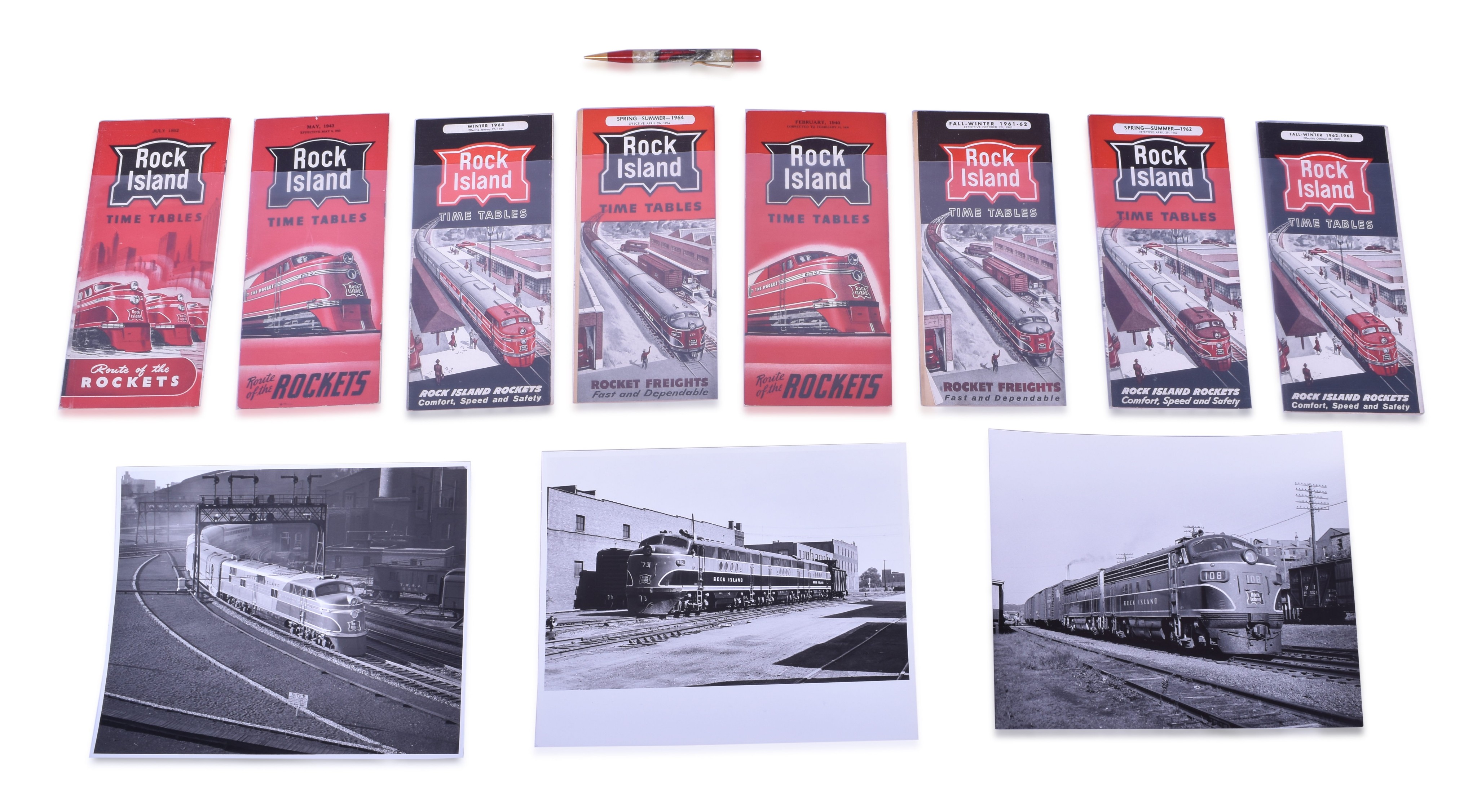 2123 - Rock Island Timetables. Three Chicago Rock Island & Pacific Engine Photos and Rock Island Mechanical Pencil thumbnail