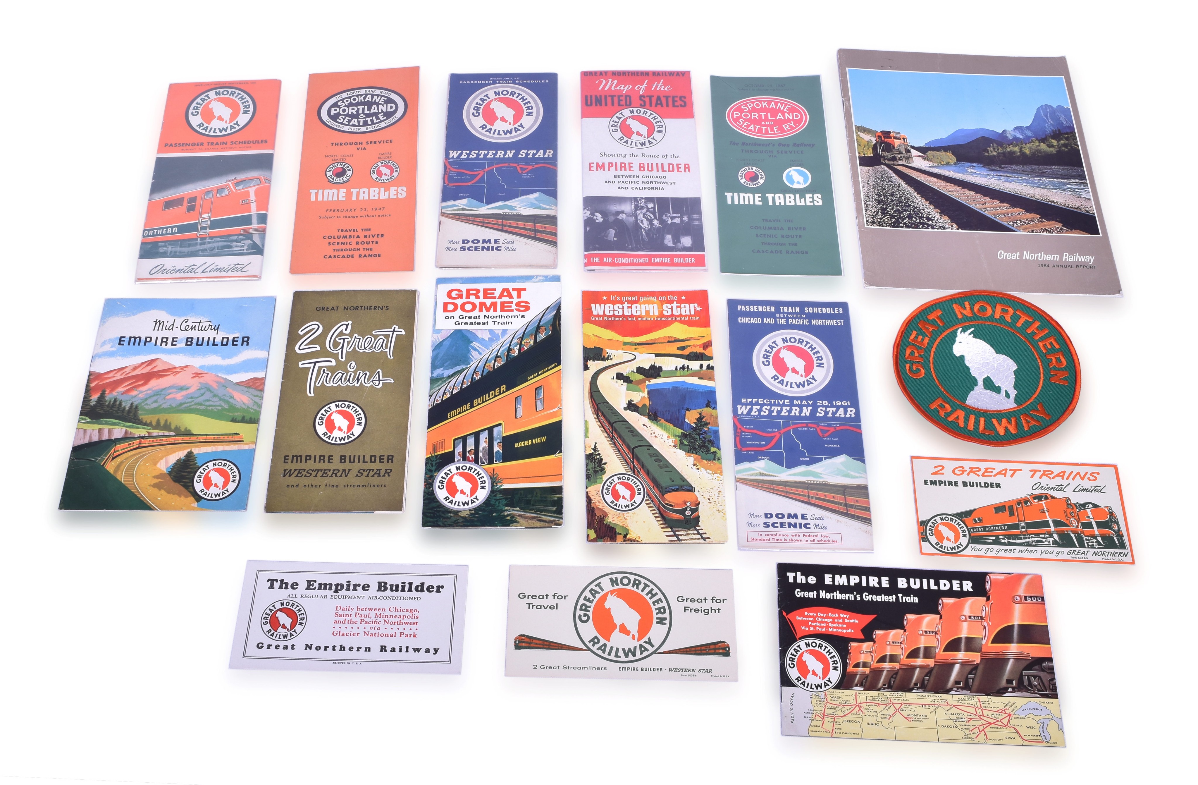 2155 - Northern Pacific Railroad & Great Northern Railway Timetables, Map, Patch, Ink Blotters, Menu, Annual Report & Brochures thumbnail