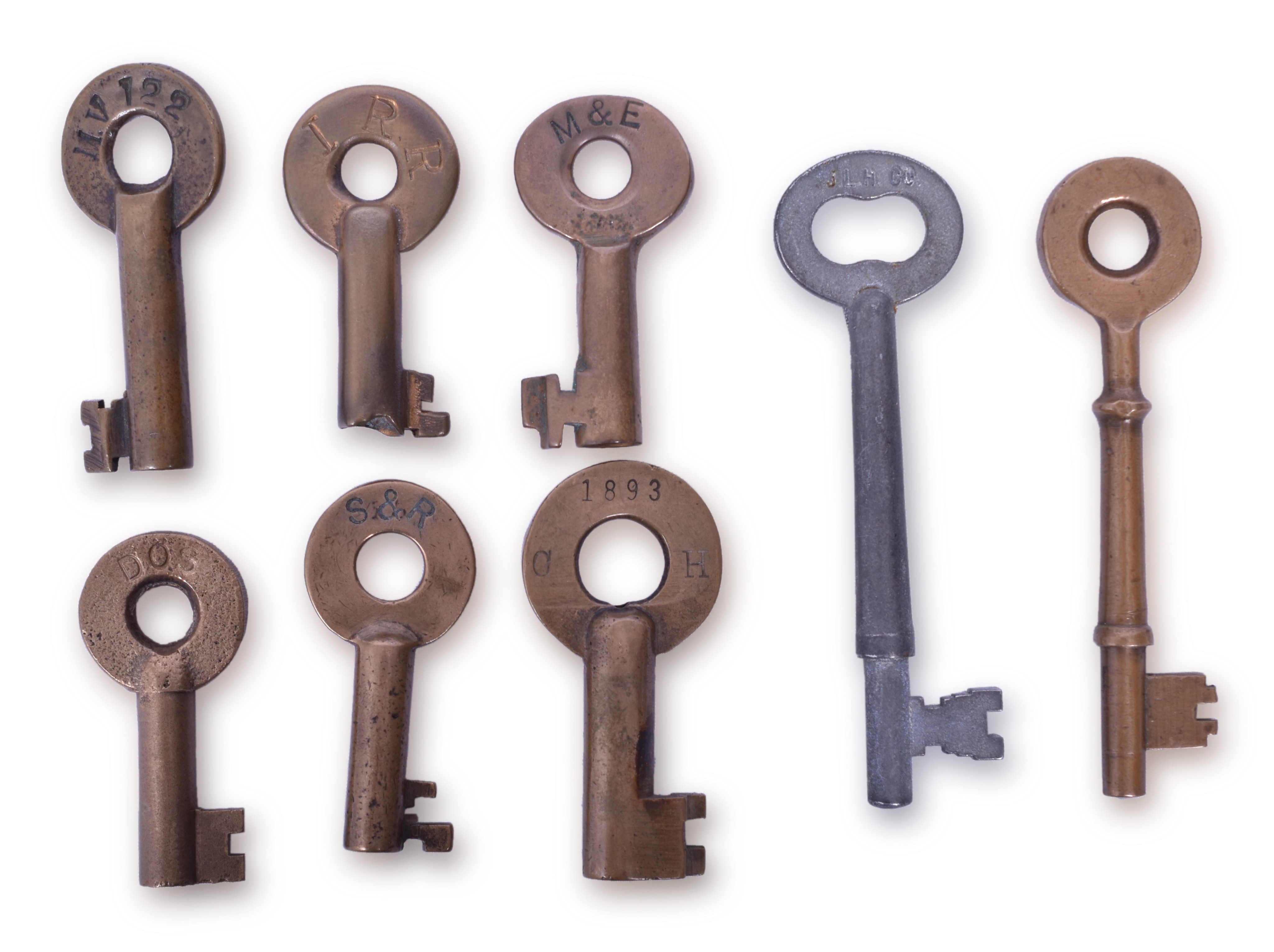 2180 - Group of Eight Brass Railroad Keys With Markings thumbnail