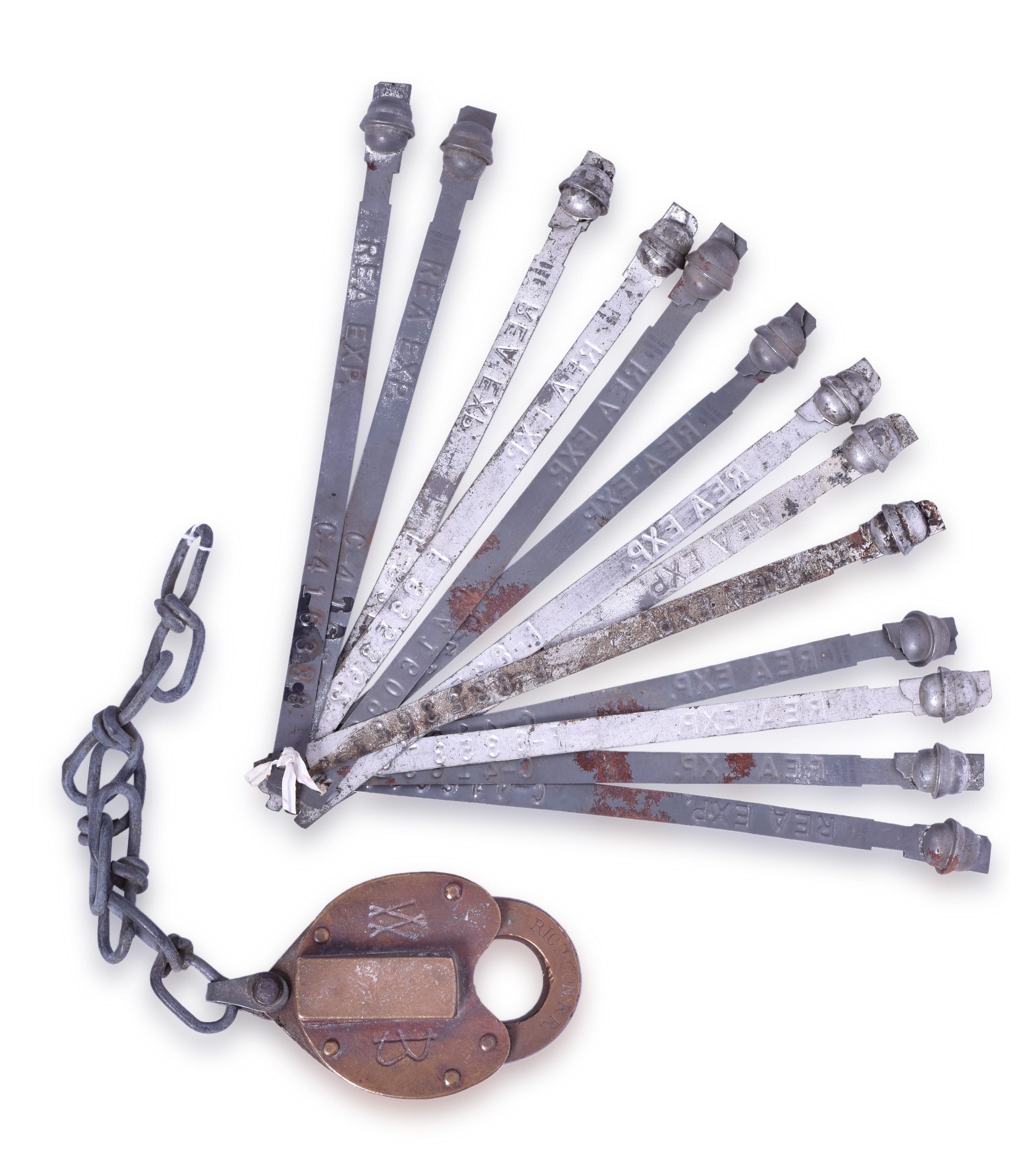 2182 - Twelve Railway Express Agency Car Seals and Reproduction Wilson Bohannan Lock thumbnail