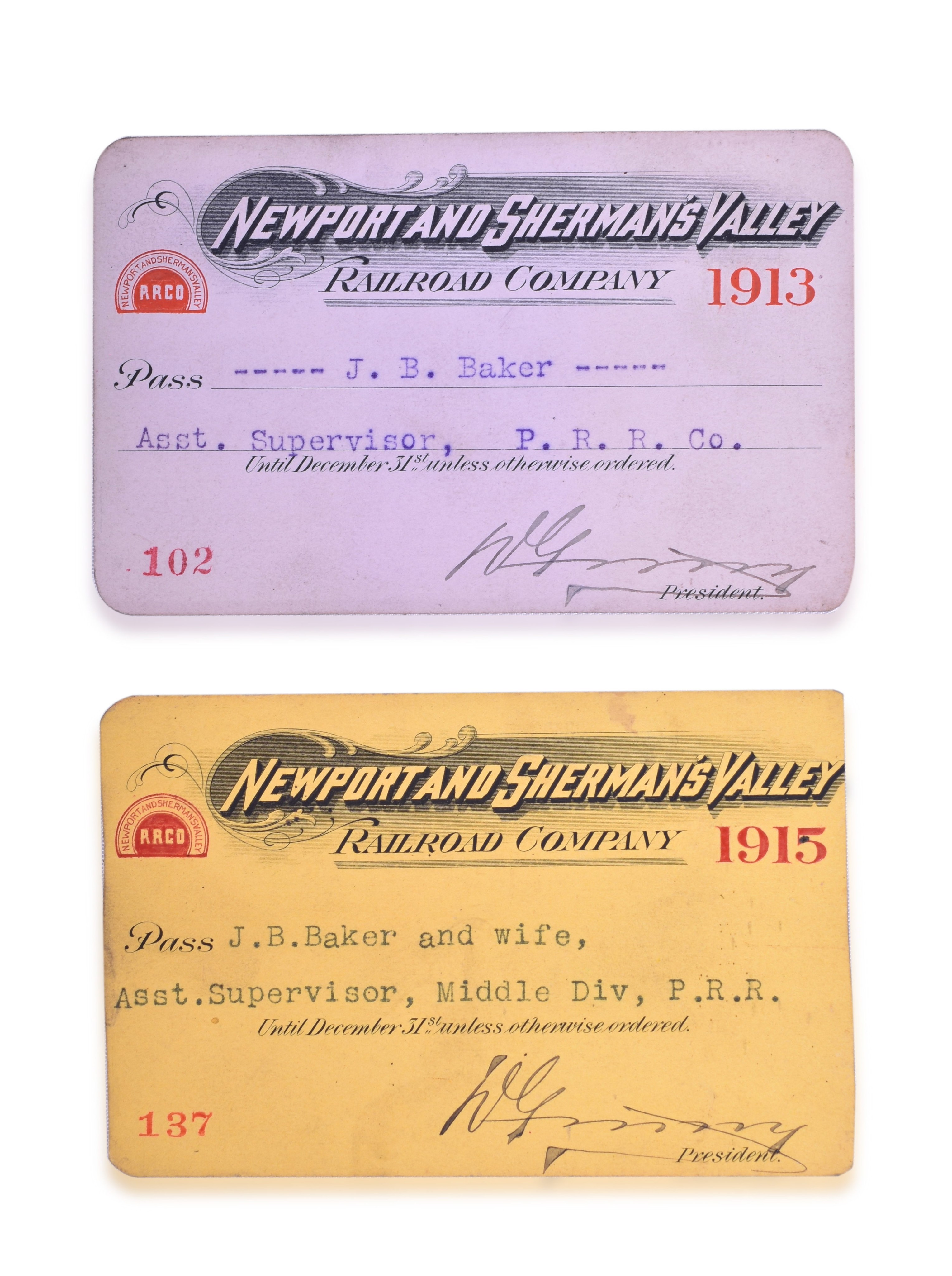 2236 - Pair of Newport and Sherman's Valley Railroad Company Passes - 1913 and 1915 thumbnail