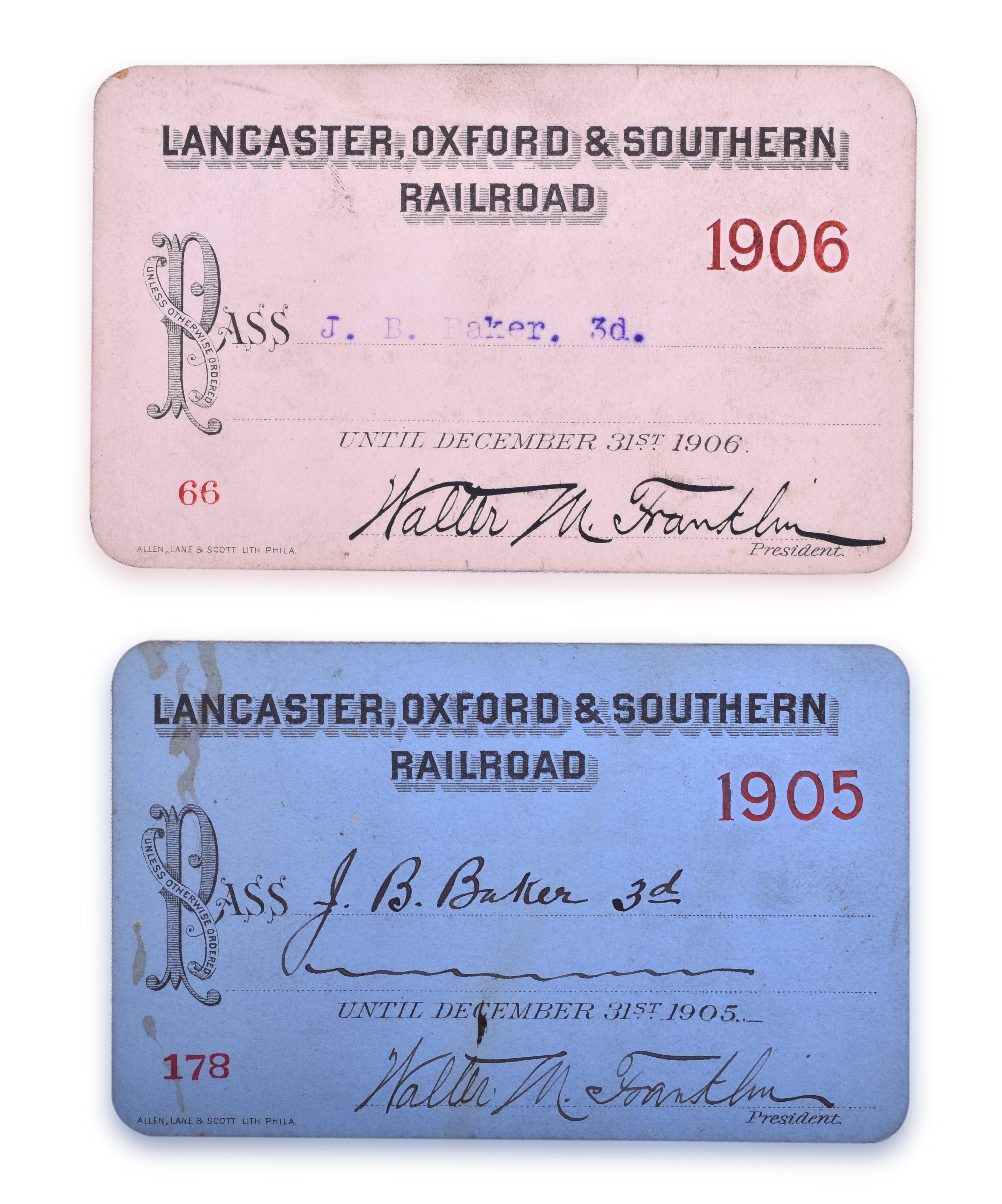 2242 - 1905 and 1906 Lancaster, Oxford & Southern Railroad Annual Passes thumbnail