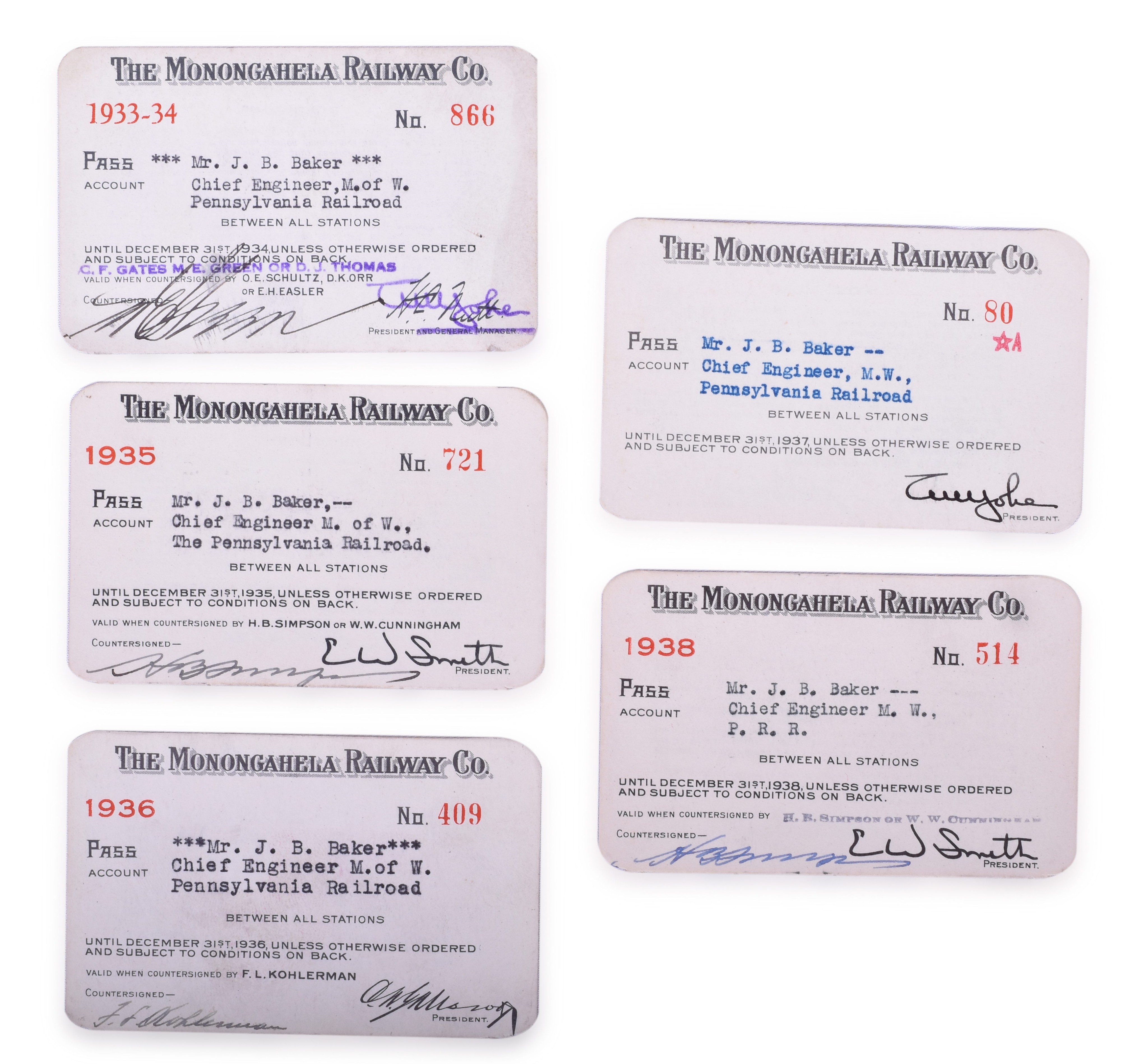 2246 - Five Monongahela Railway Annual Passes thumbnail