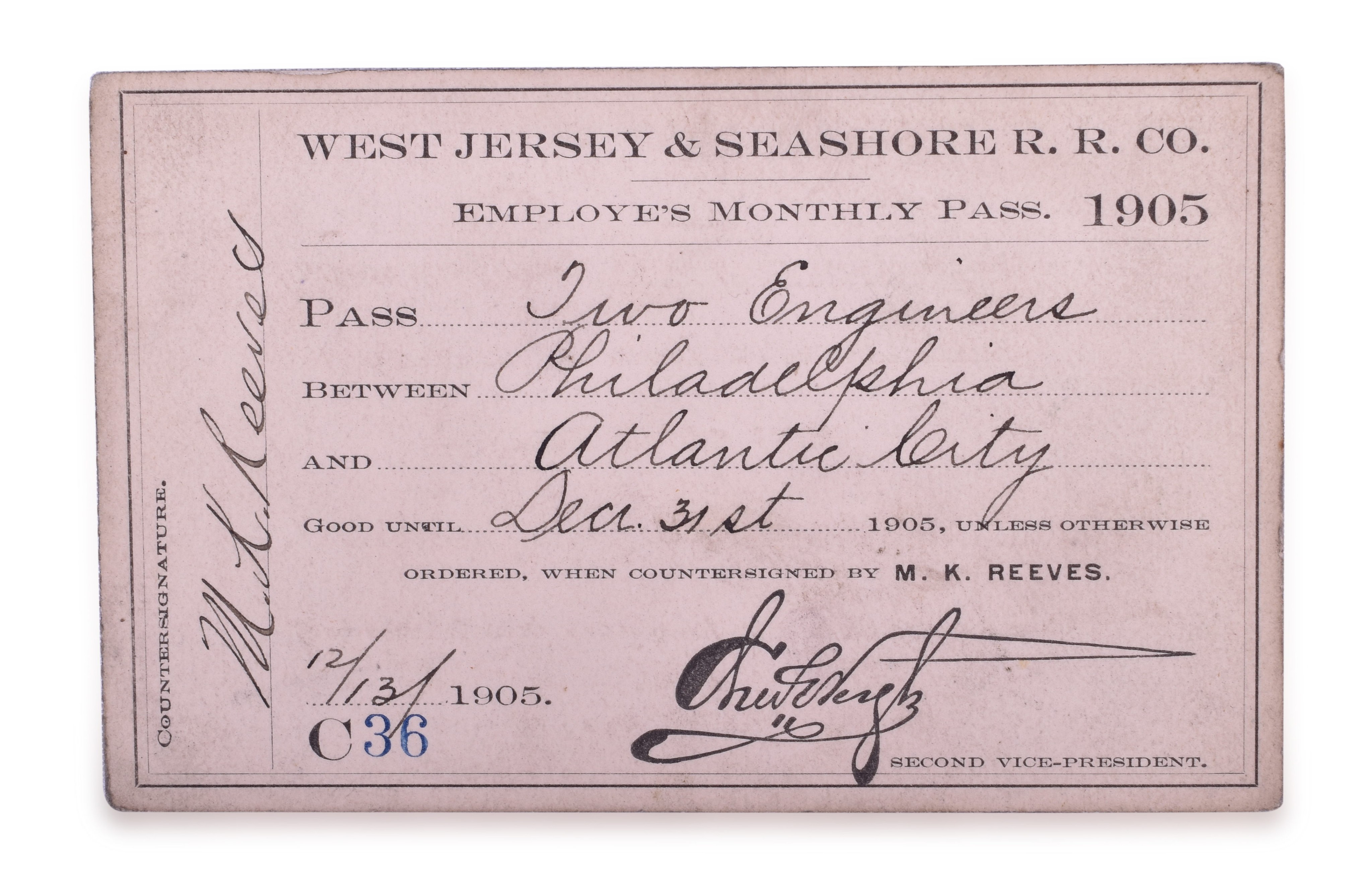 2254 - West Jersey & Seashore Railroad 1905 Employee Monthly Pass thumbnail