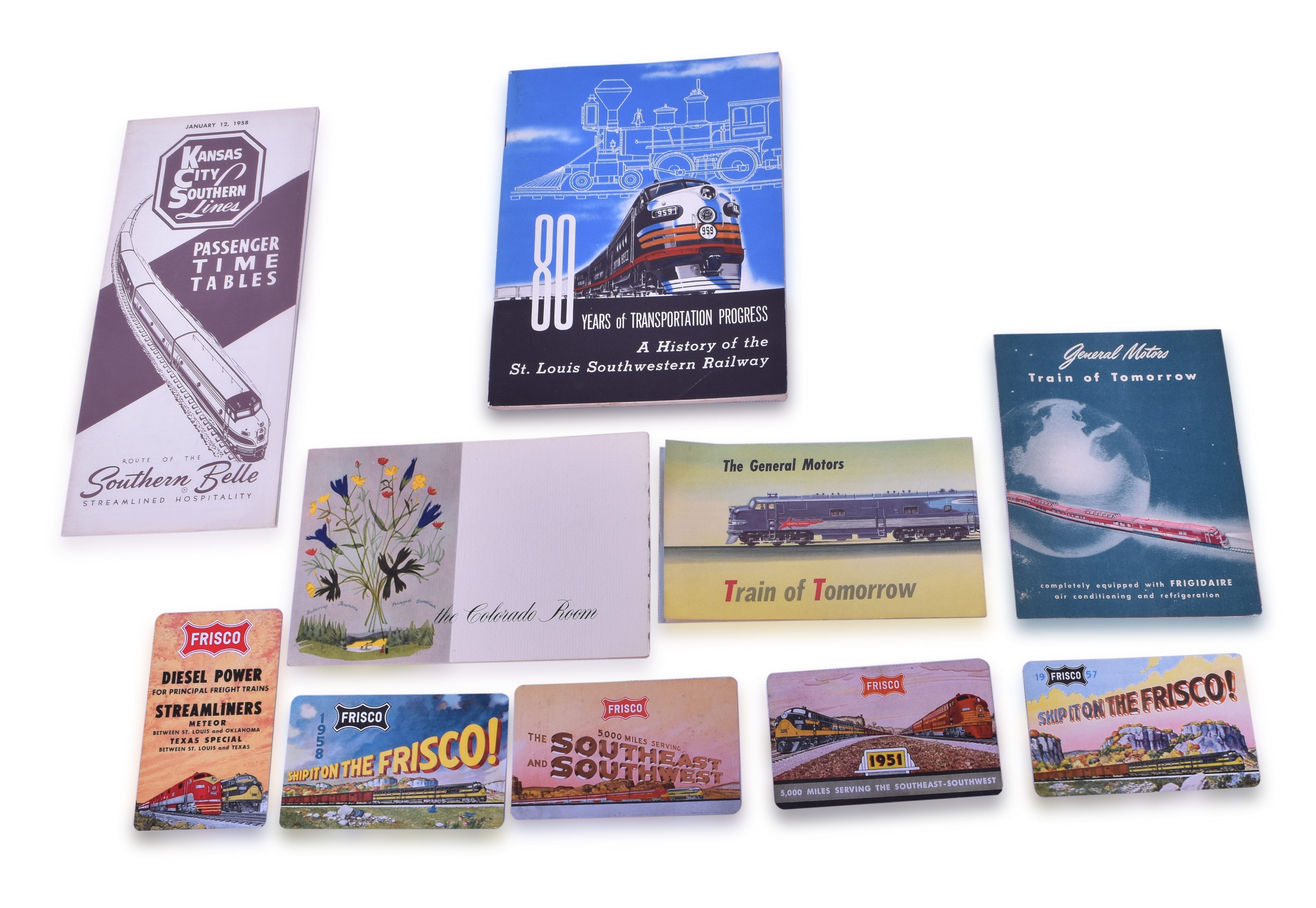 2255 - Mix of Frisco, General Motors, Kansas City Southern Lines, St. Louis Southwestern Railroad History Book, Timetables, Pocket Calendar, Menu, Brochures. thumbnail