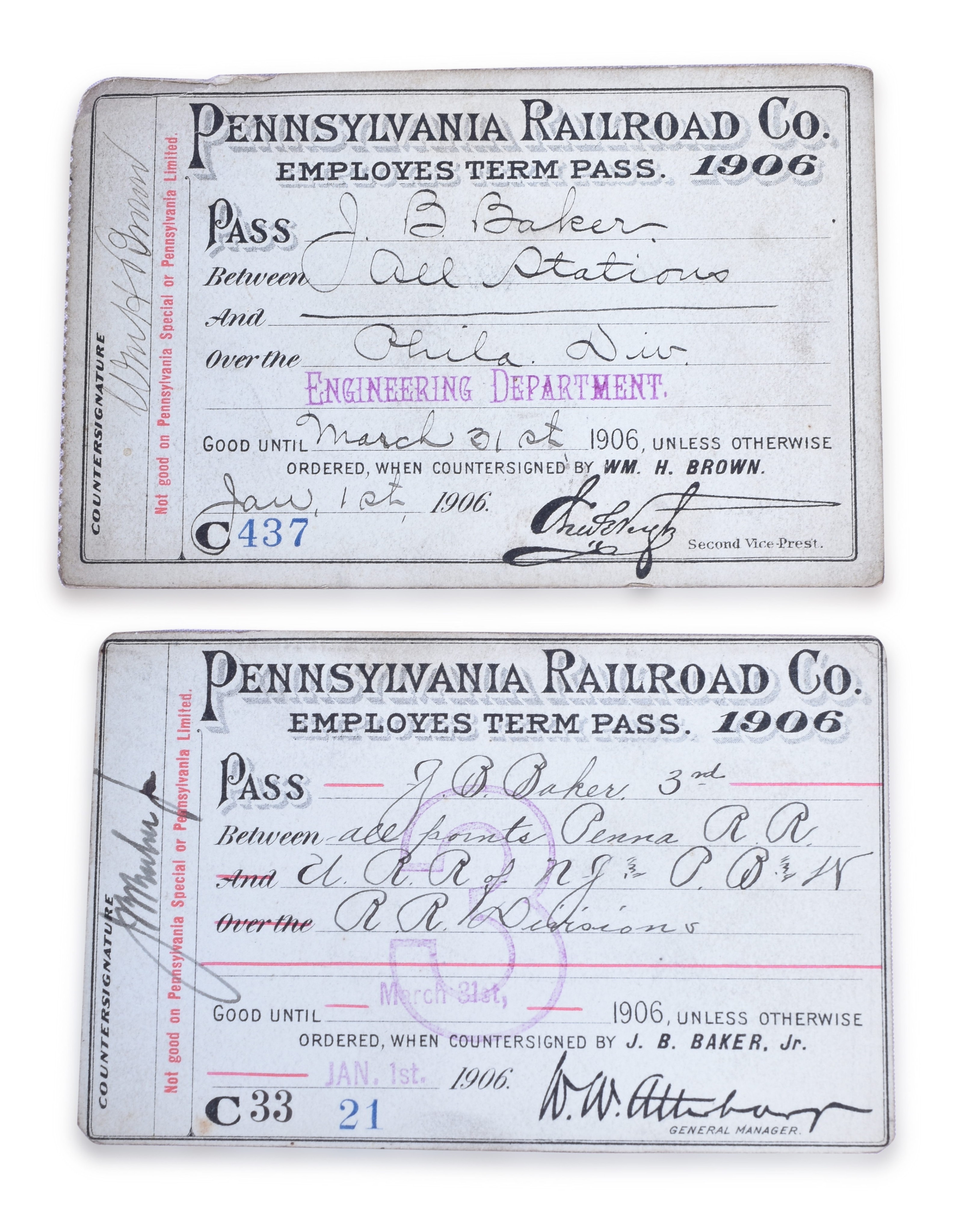 2258 - Pair of Pennsylvania Railroad 1906 Employee Terminal Passes thumbnail