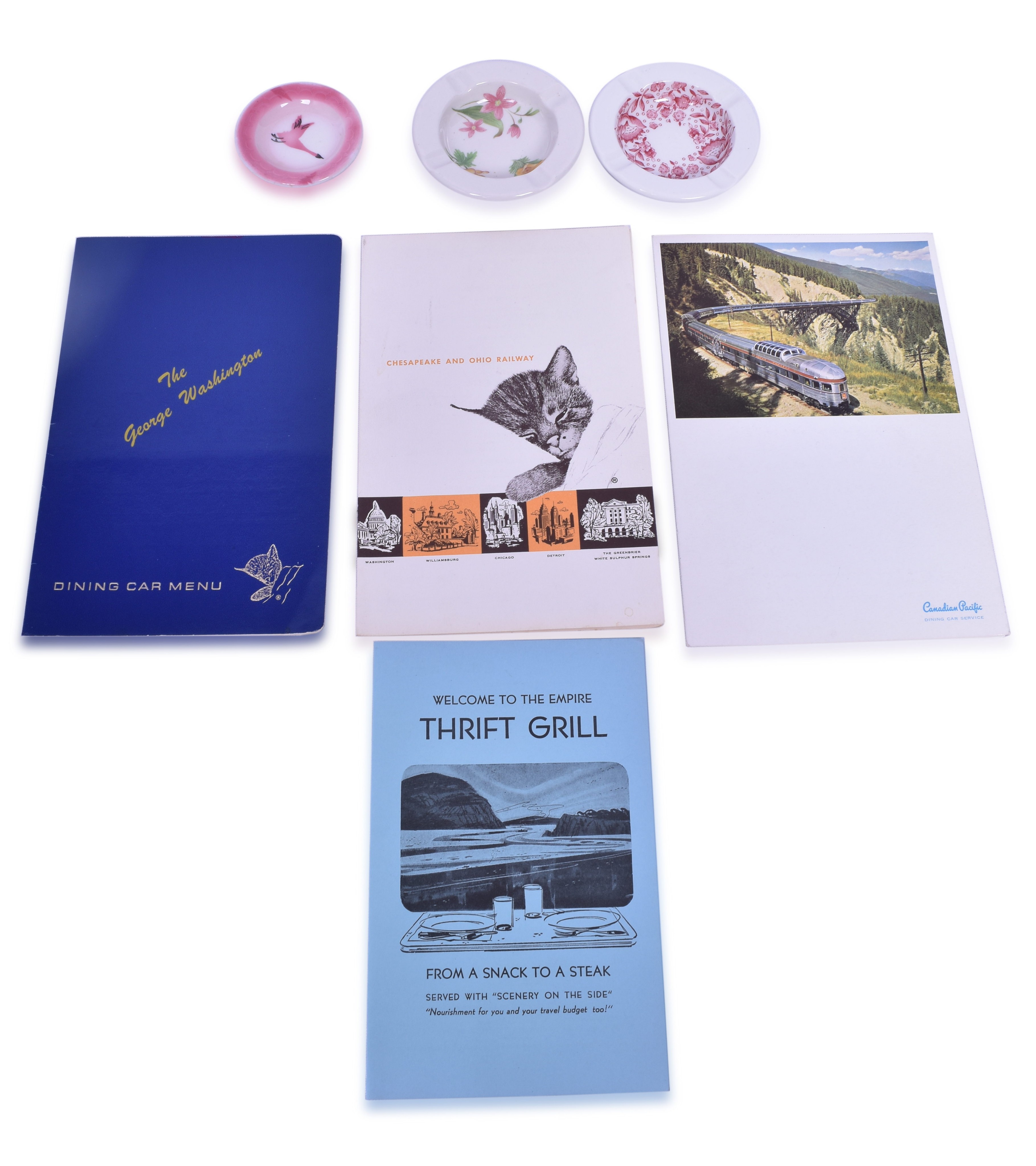 2263 - Great Northern, New York Central System, Canadian Pacific, Chesapeake and Ohio Railway, Chicago Milwaukee St. Paul & Pacific Railroad Ash Trays, Butter Pat Saucer & Menus thumbnail