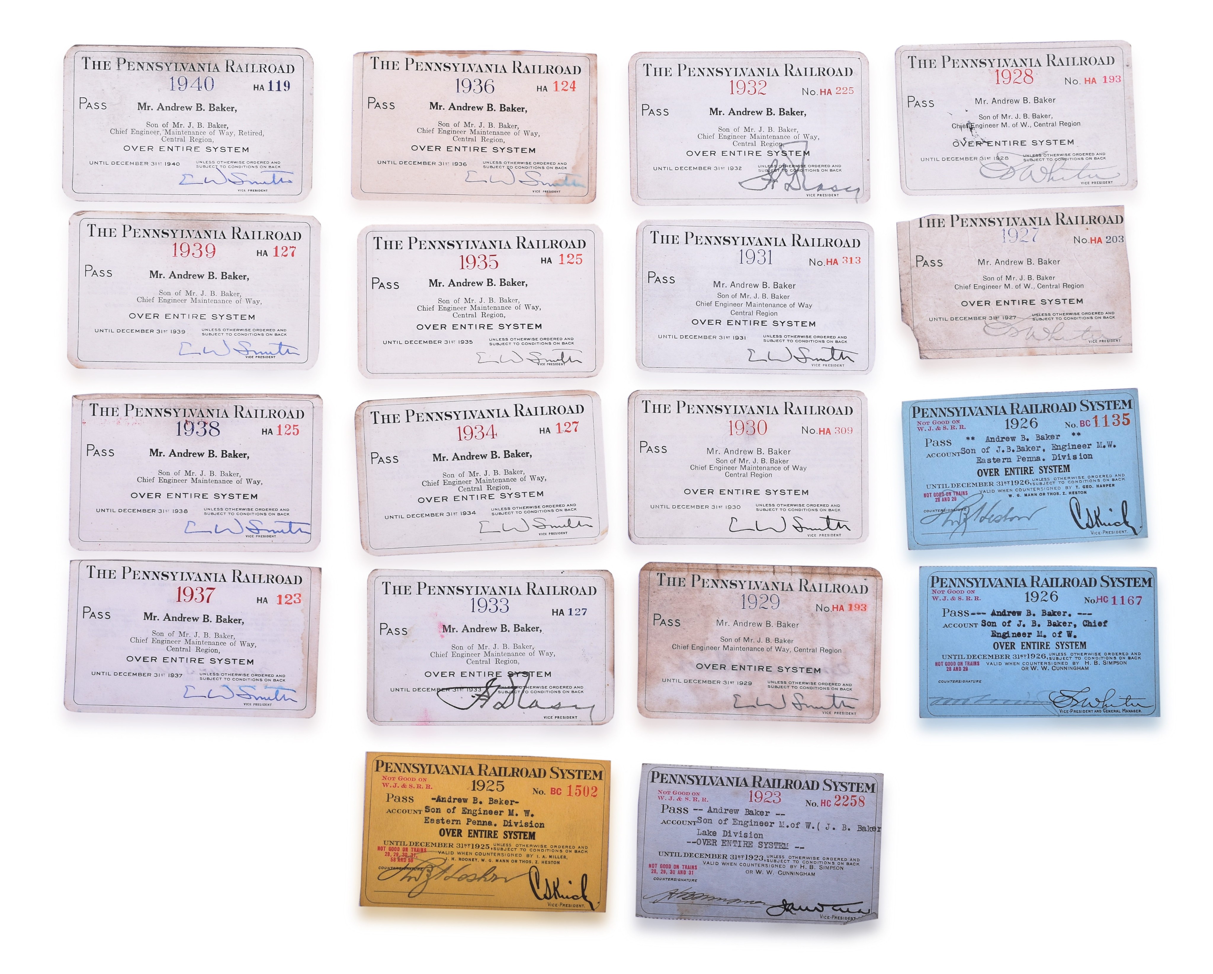 2264 - 1923-1940 Pennsylvania Railroad Entire System Passes - Andrew Baker. thumbnail