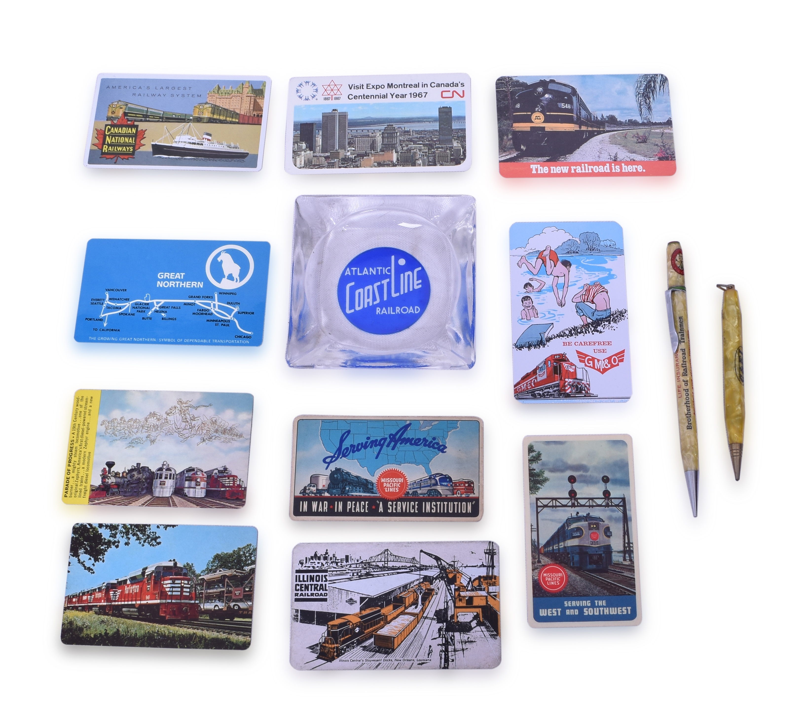 2265 - Atlantic Coastline, Chicago & Eastern Illinois, Missouri Pacific Lines, Burlington Route, Seaboard Coast Line, Canadian National, Illinois Central, Gulf Mobile & Ohio, Great Northern Railroad Yearly Pocket Calendars, Mechanical Pencils & Ash Tray. thumbnail