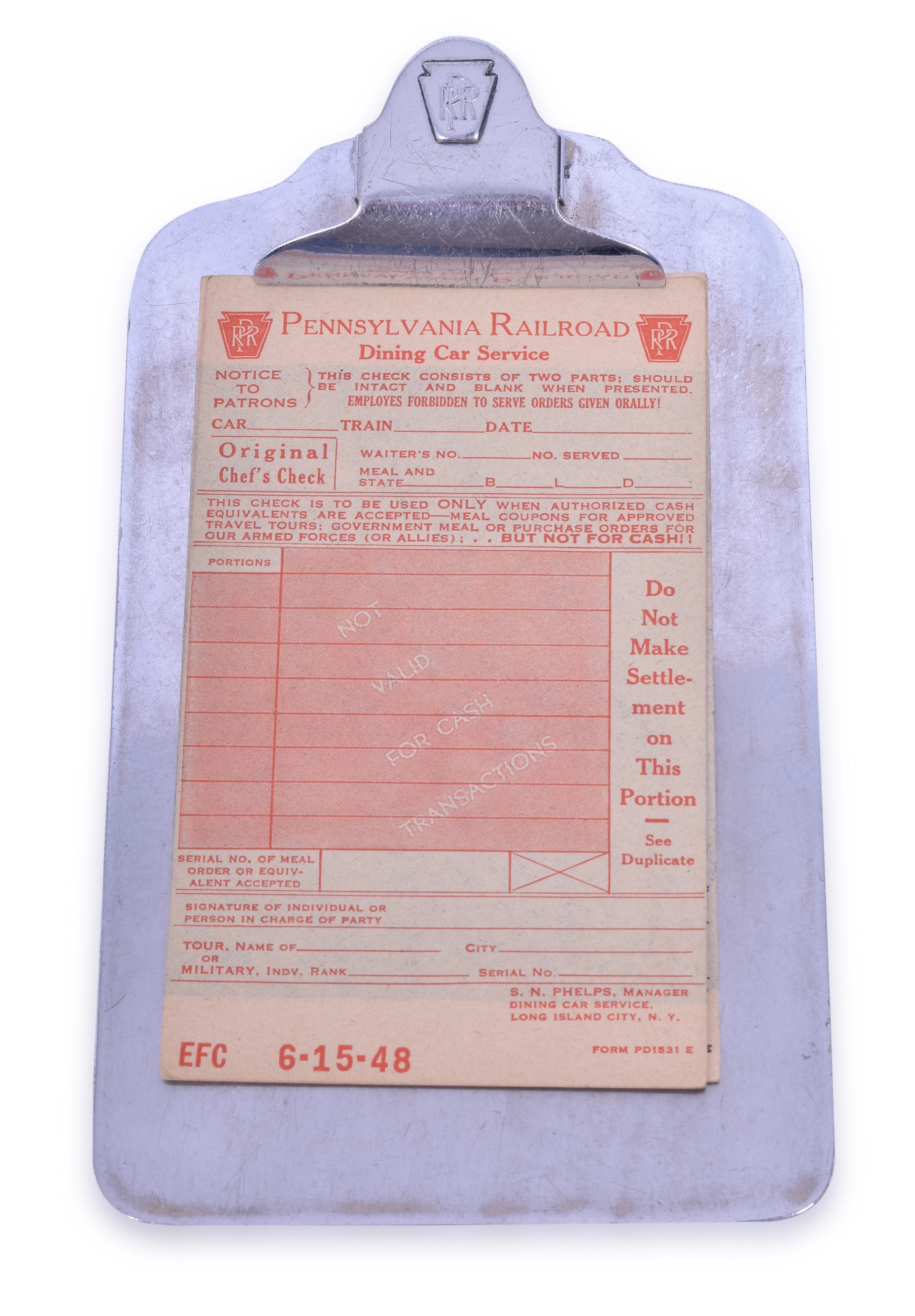 2269 - Pennsylvania Railroad Dining Car Clip Board with Two 1940's Order Carbon Order Slips thumbnail
