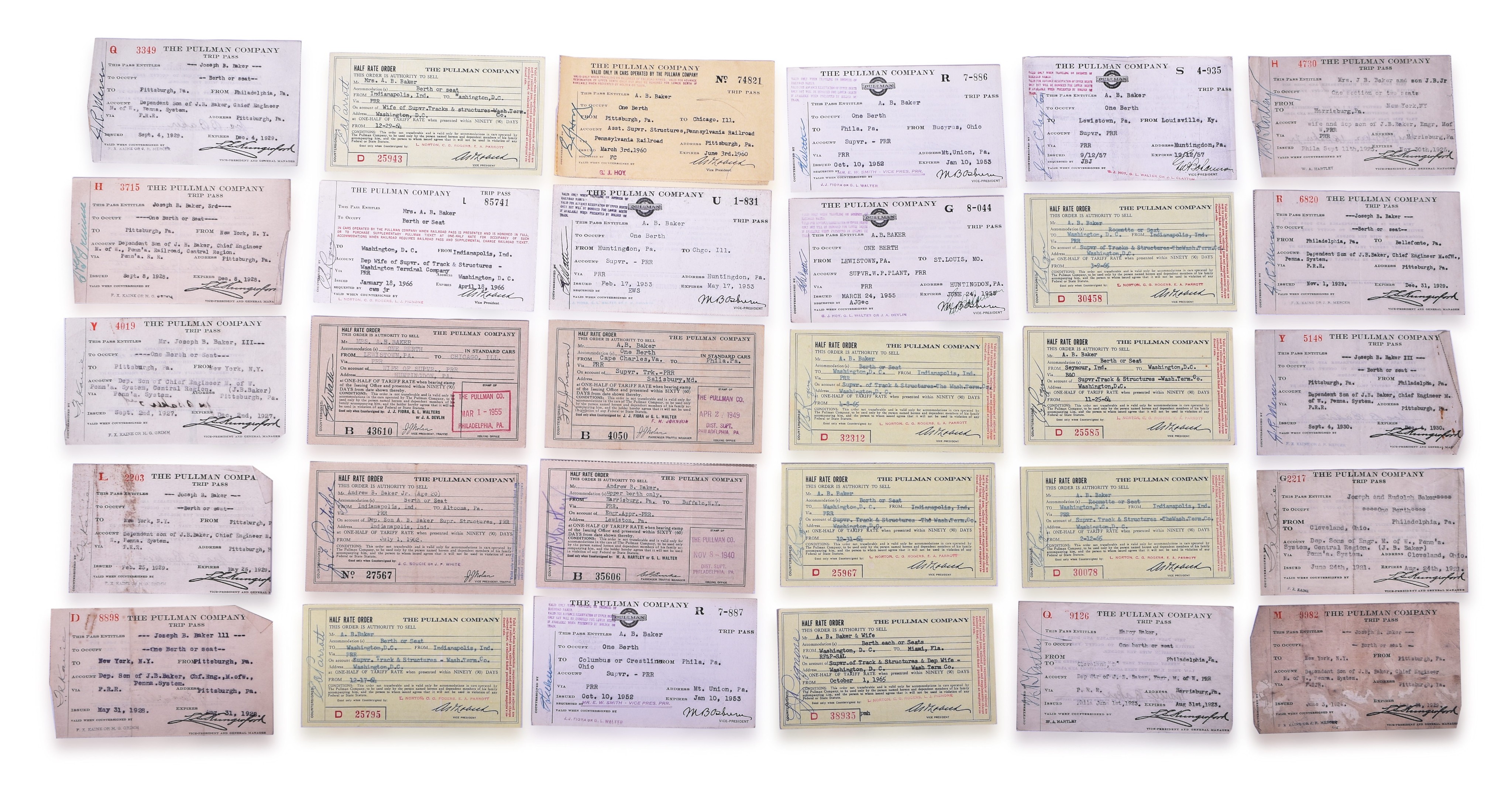 2272 - Forty eight Pullman Company Railroad Trip Passes and Half Rate Order Slips thumbnail