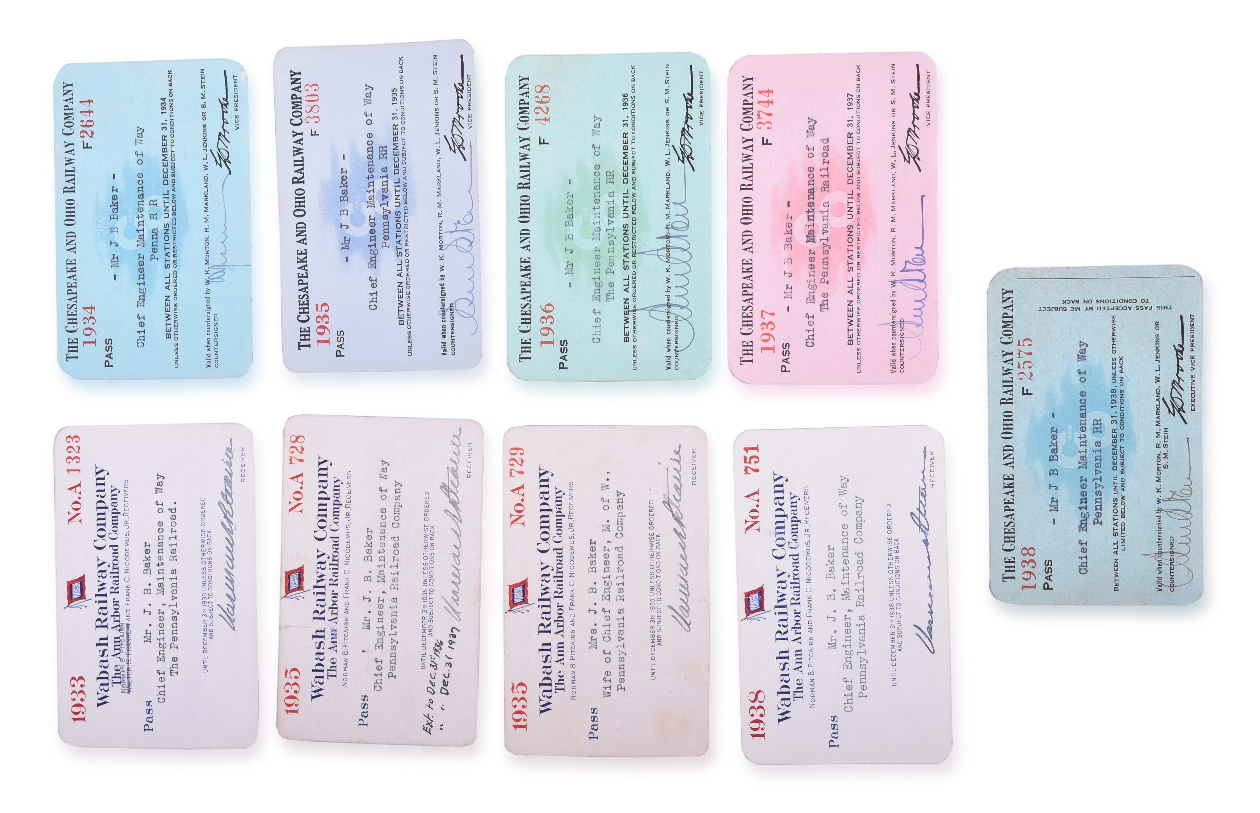 2280 - Nine Chesapeake and Ohio and Wabash Railroad Passes 1933-1938 thumbnail