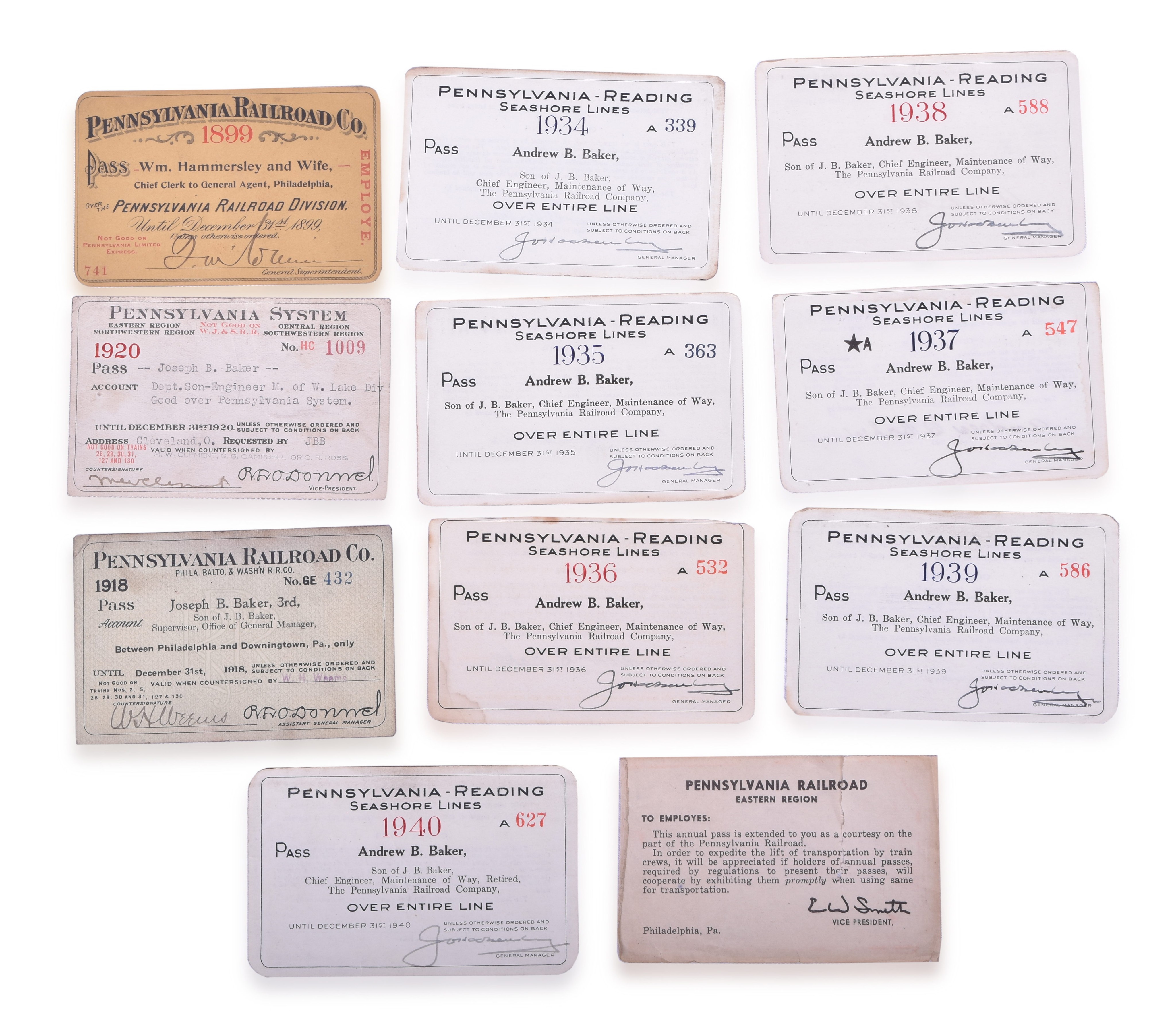 2284 - Eleven Pennsylvania and Pennsylvania-Reading Seashore Line Railroad Pass Group 1899-1940 thumbnail