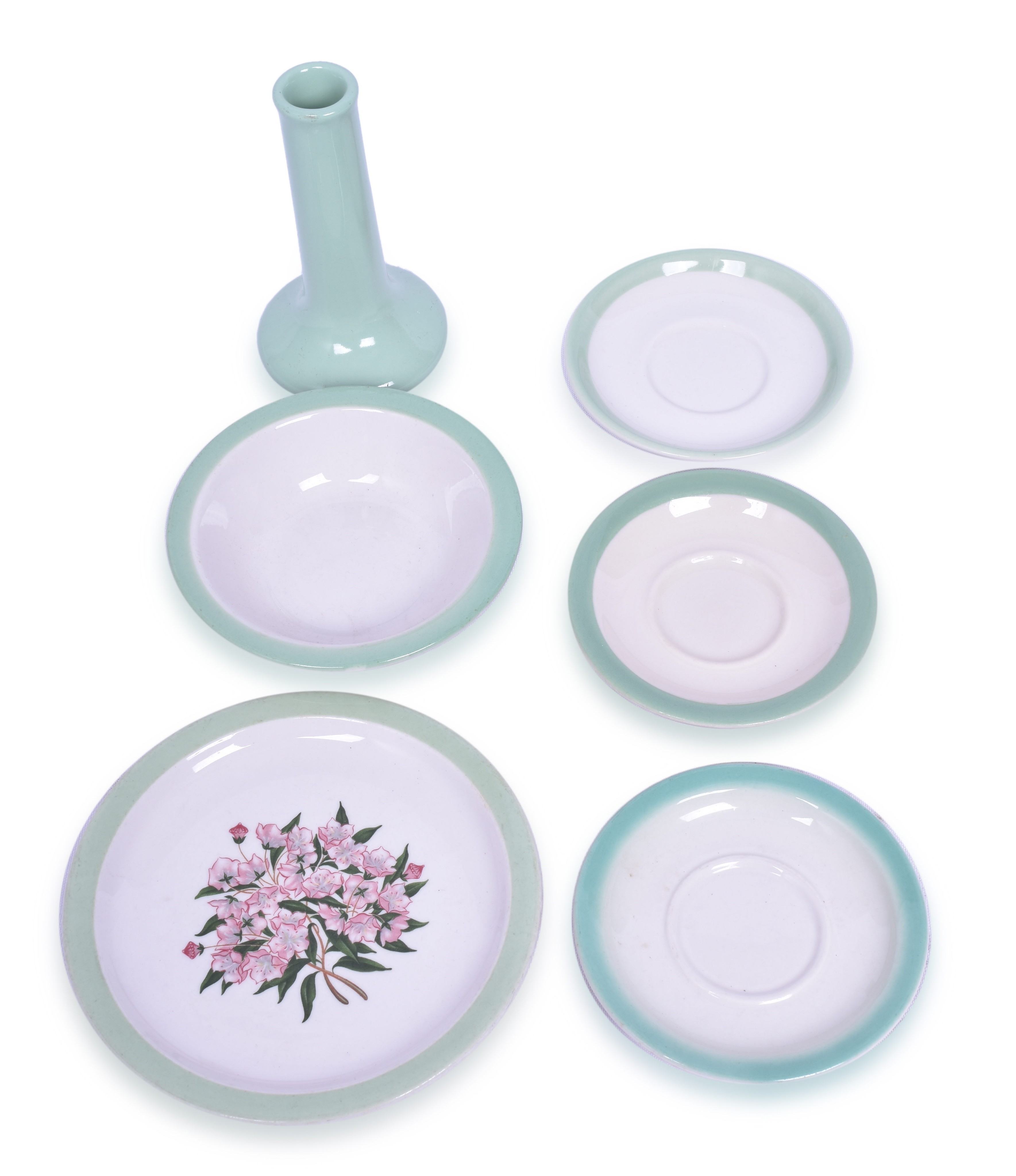 2297 - Pennsylvania Railroad Mountain Laurel Pattern Bread Plate, Vase, Bowl & Saucers. thumbnail