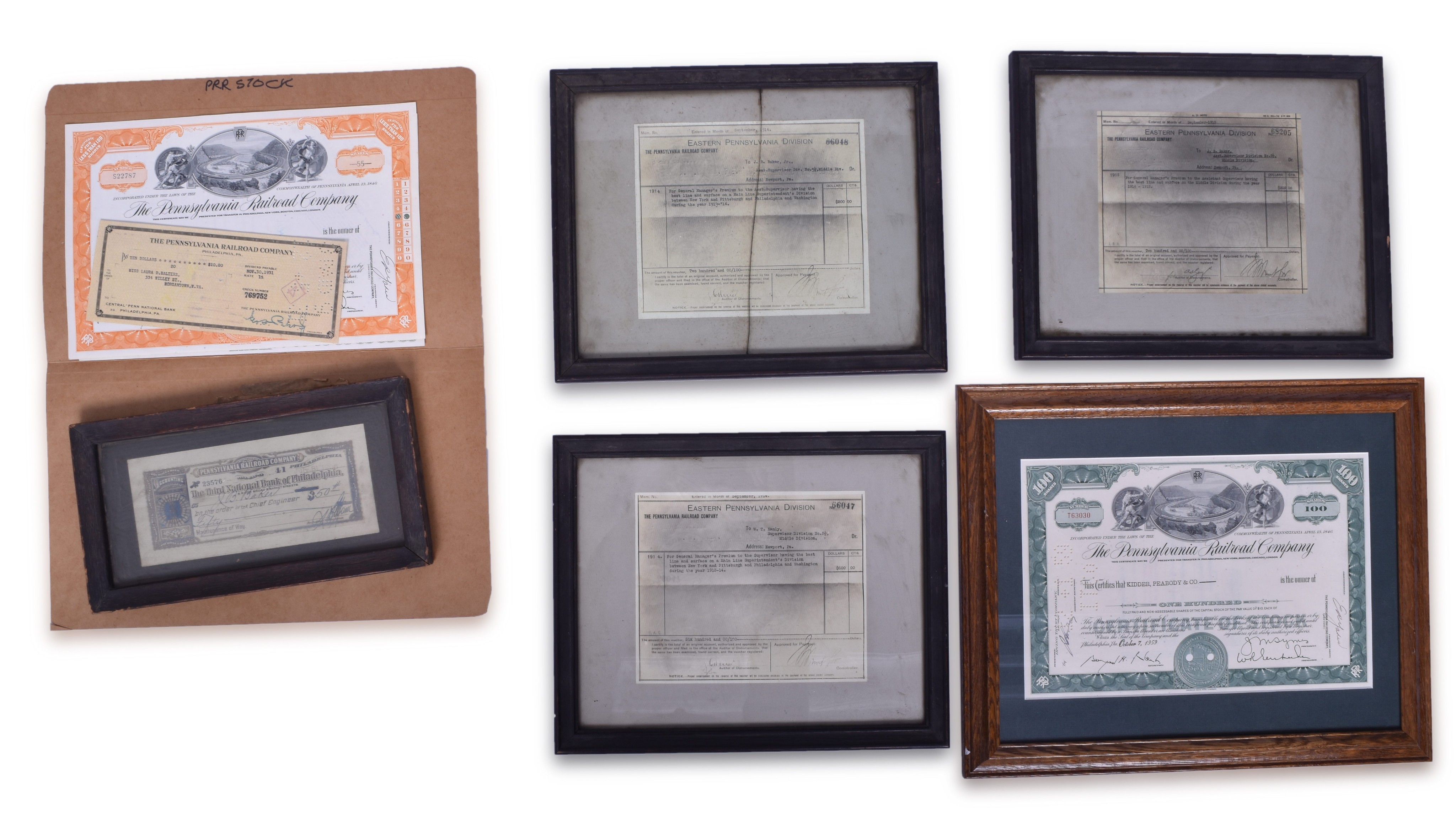 2334 - Pennsylvania Railroad Stocks, Checks, and Manager Premium Slips thumbnail