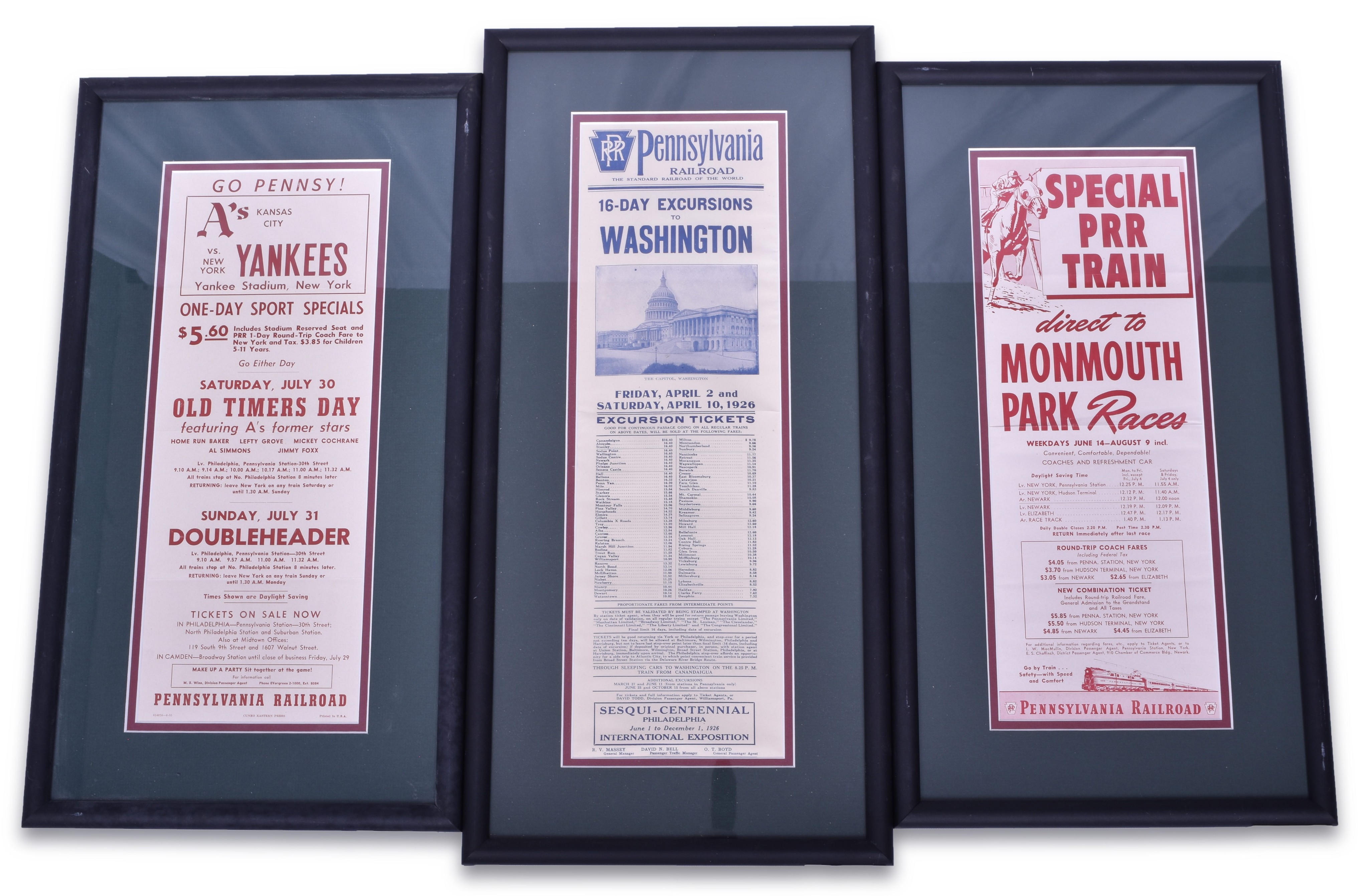 2336 - Three Framed Pennsylvania Railroad Broadsheets - New York Yankees, Monmouth Park, Washington thumbnail