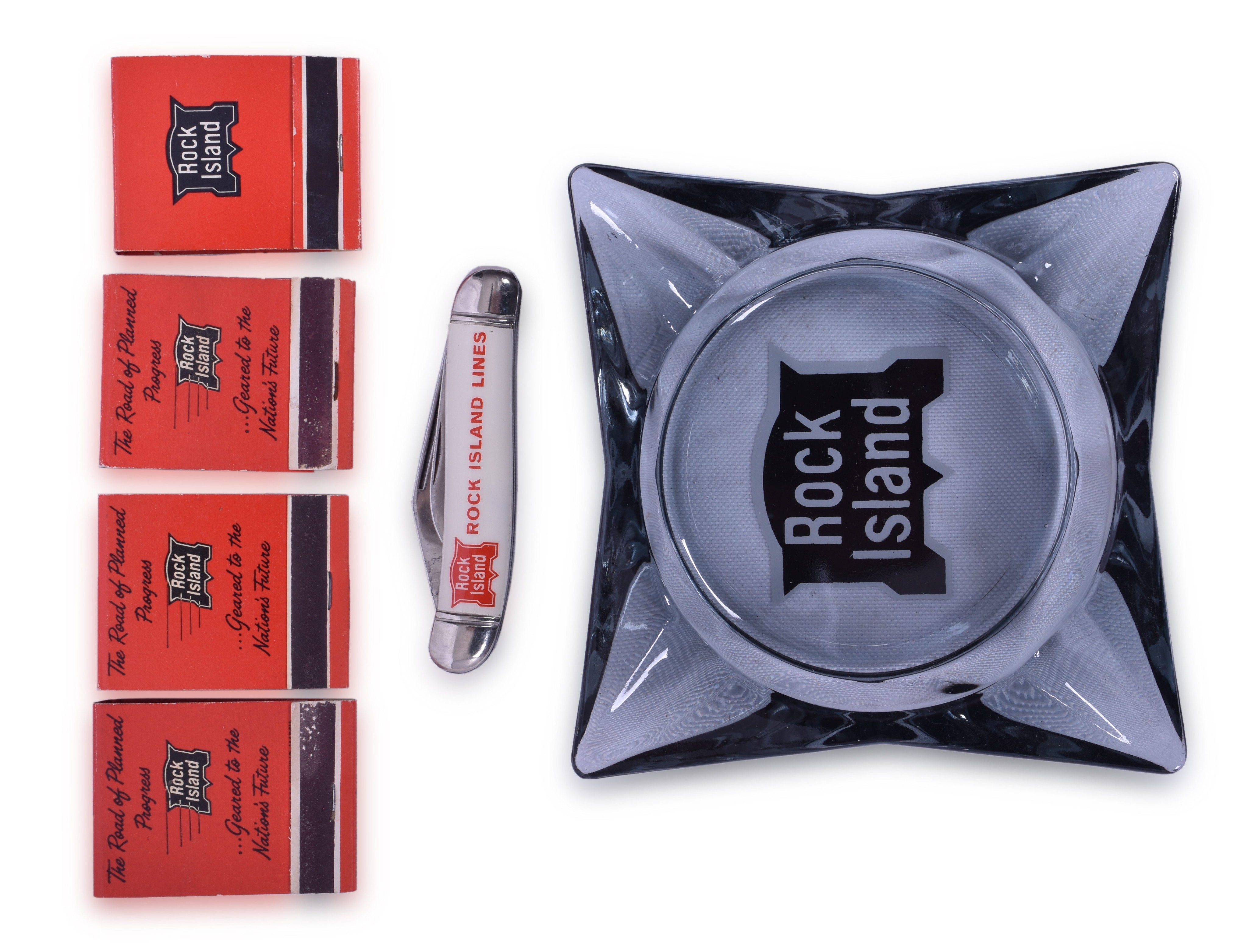 2446 - Rock Island Railroad Glass Ash Tray, Pocket Knife, and Match Books thumbnail