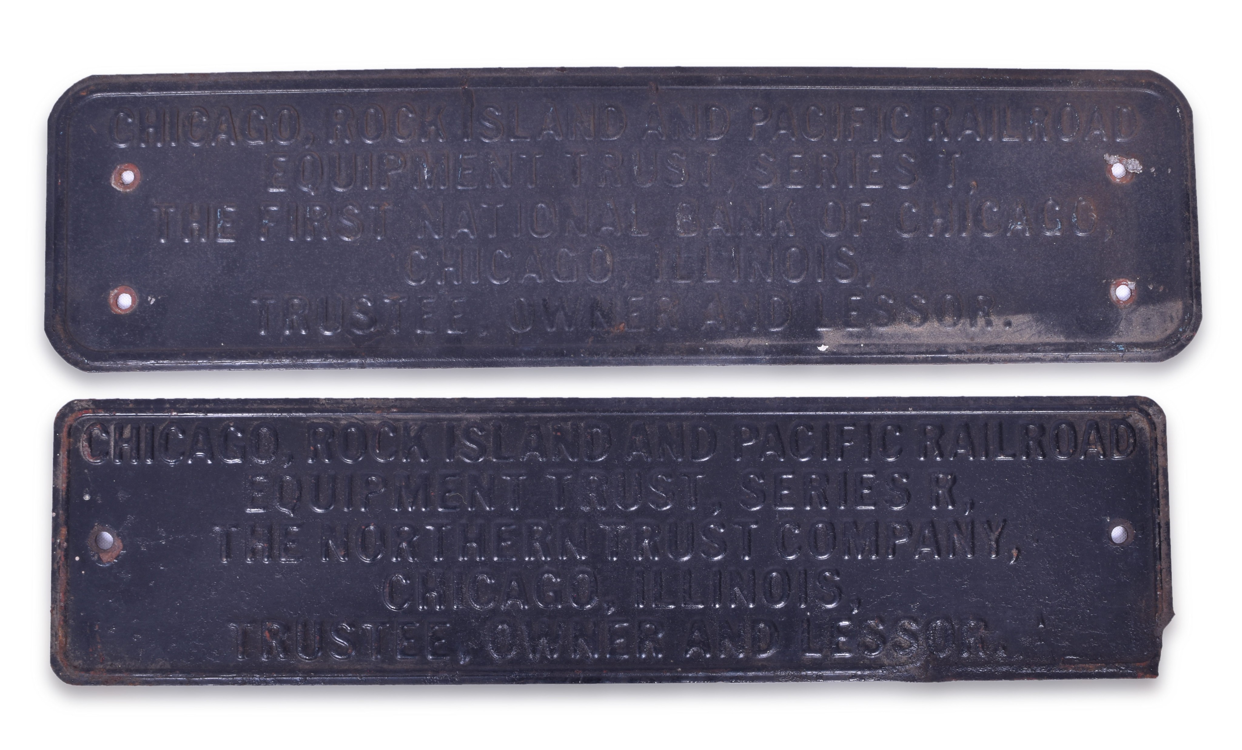 2450 - Pair of Rock Island Railroad Stamped Steel Equipment Trust Plates thumbnail