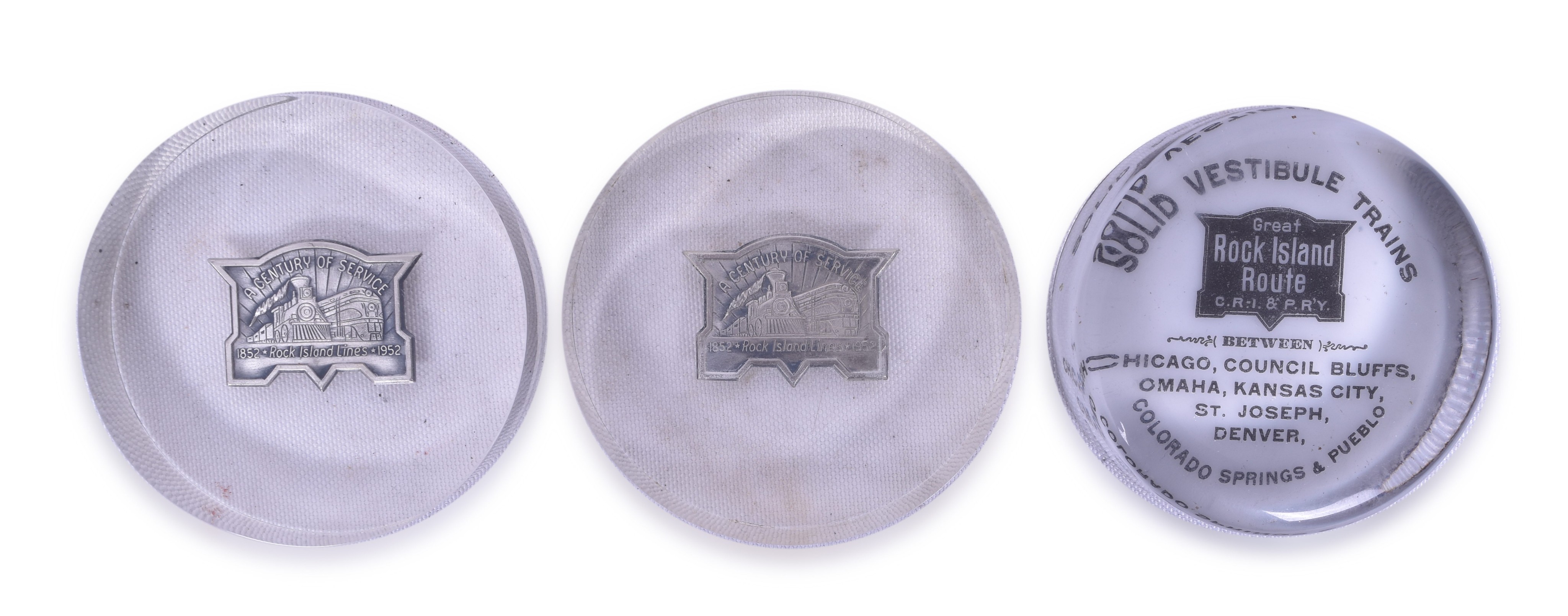 2470 - Group of Three Rock Island Railroad Paper Weights - Centennial and Solid Vestibule Pullman Passenger Trains thumbnail