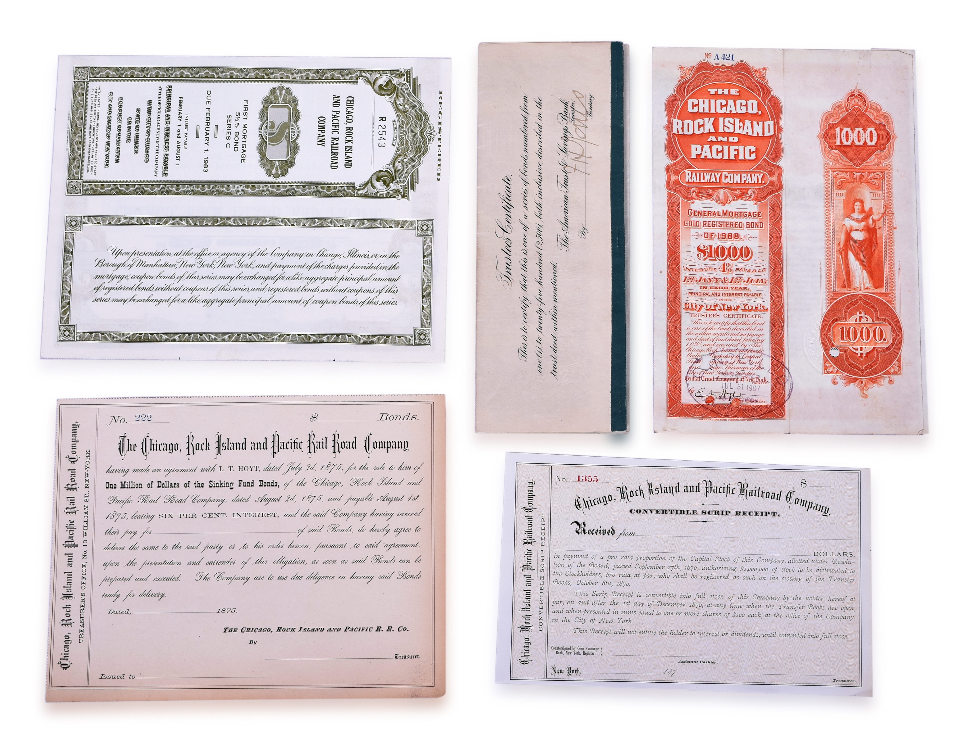 2471 - Group of Rock Island Railroad Stock, Gold Bonds and Convertible Scrips - 1875, 1902, etc thumbnail