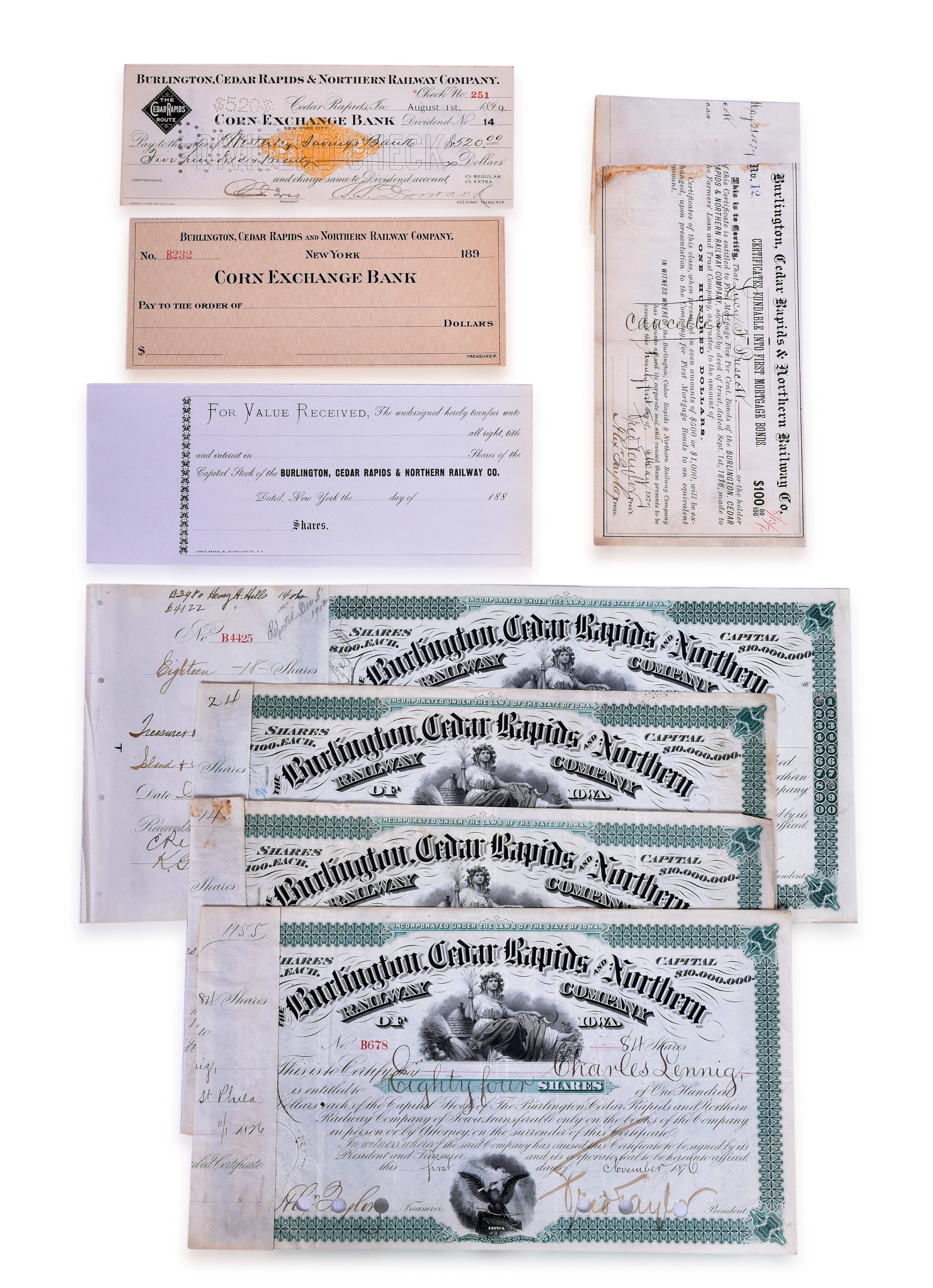 2473 - Burlington, Cedar Rapids & Northern Railway Stock and Certificate Group - 1870s to 1902 thumbnail