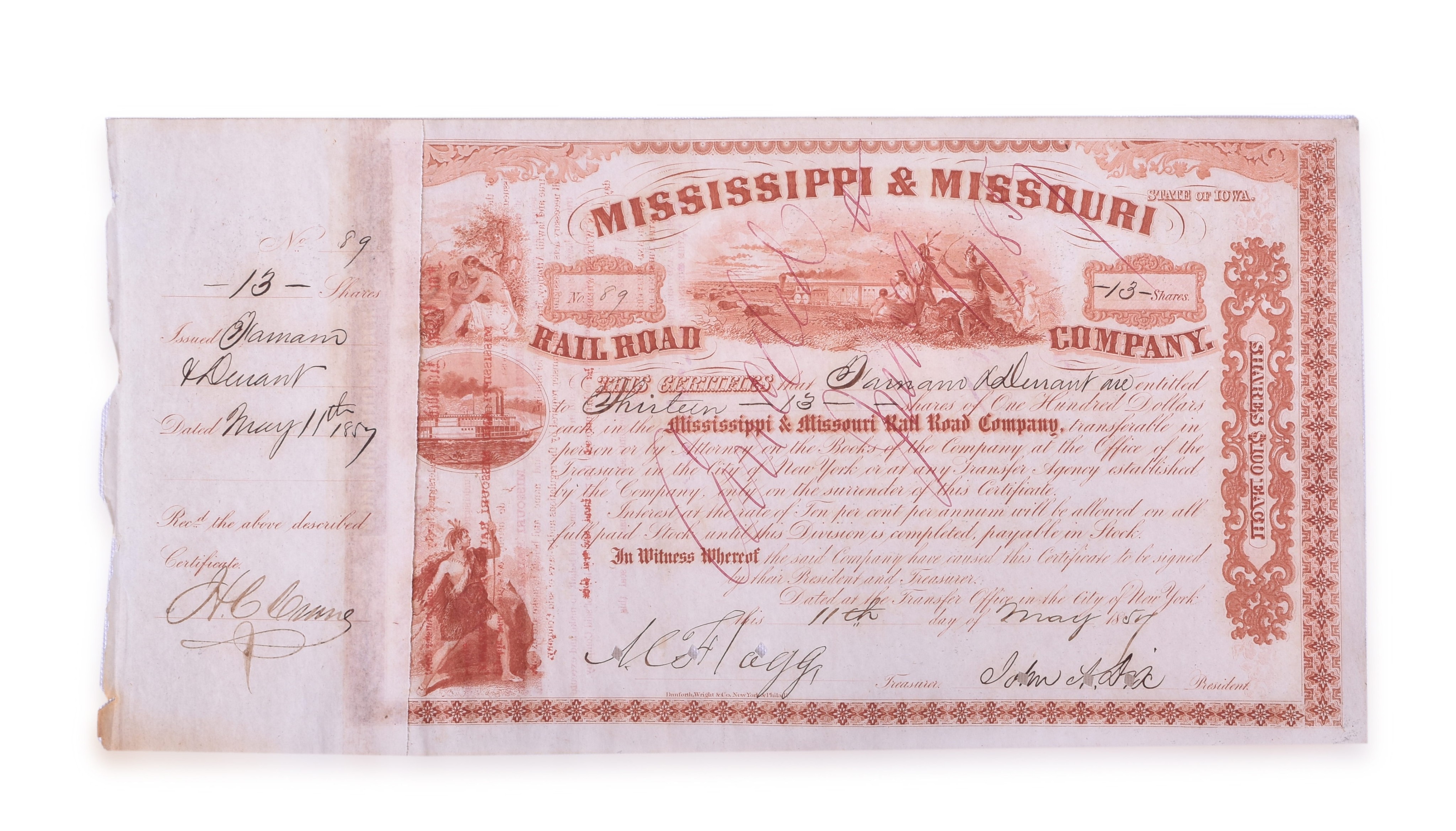 2475 - Mississippi & Missouri Railroad 13 Shares Certificate - John A. Dix Signed thumbnail