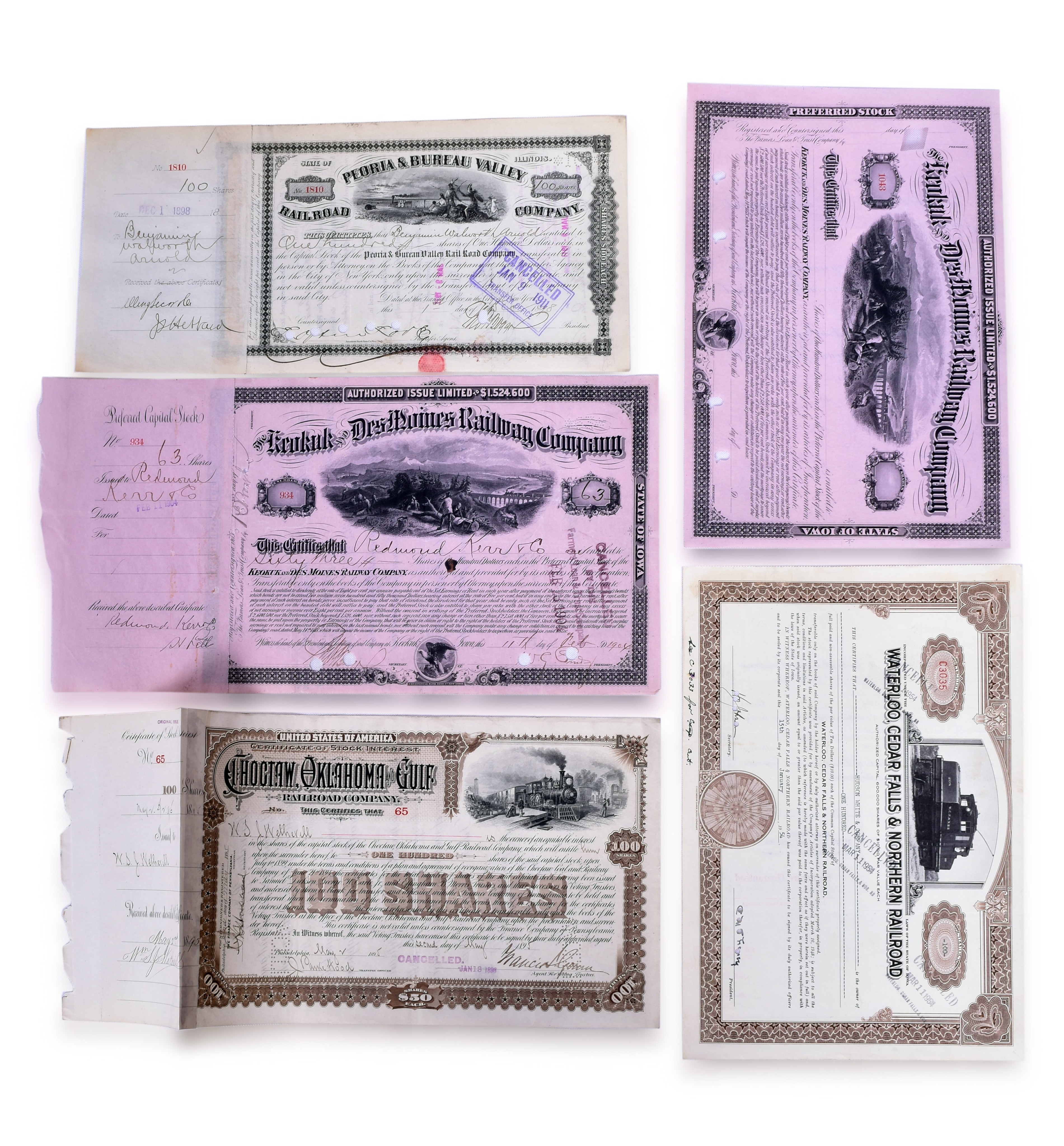 2477 - 5 Railroad Stock Certificates - Waterloo, Cedar Falls & Northern, Keokuk and Des Moines Railway, etc. thumbnail