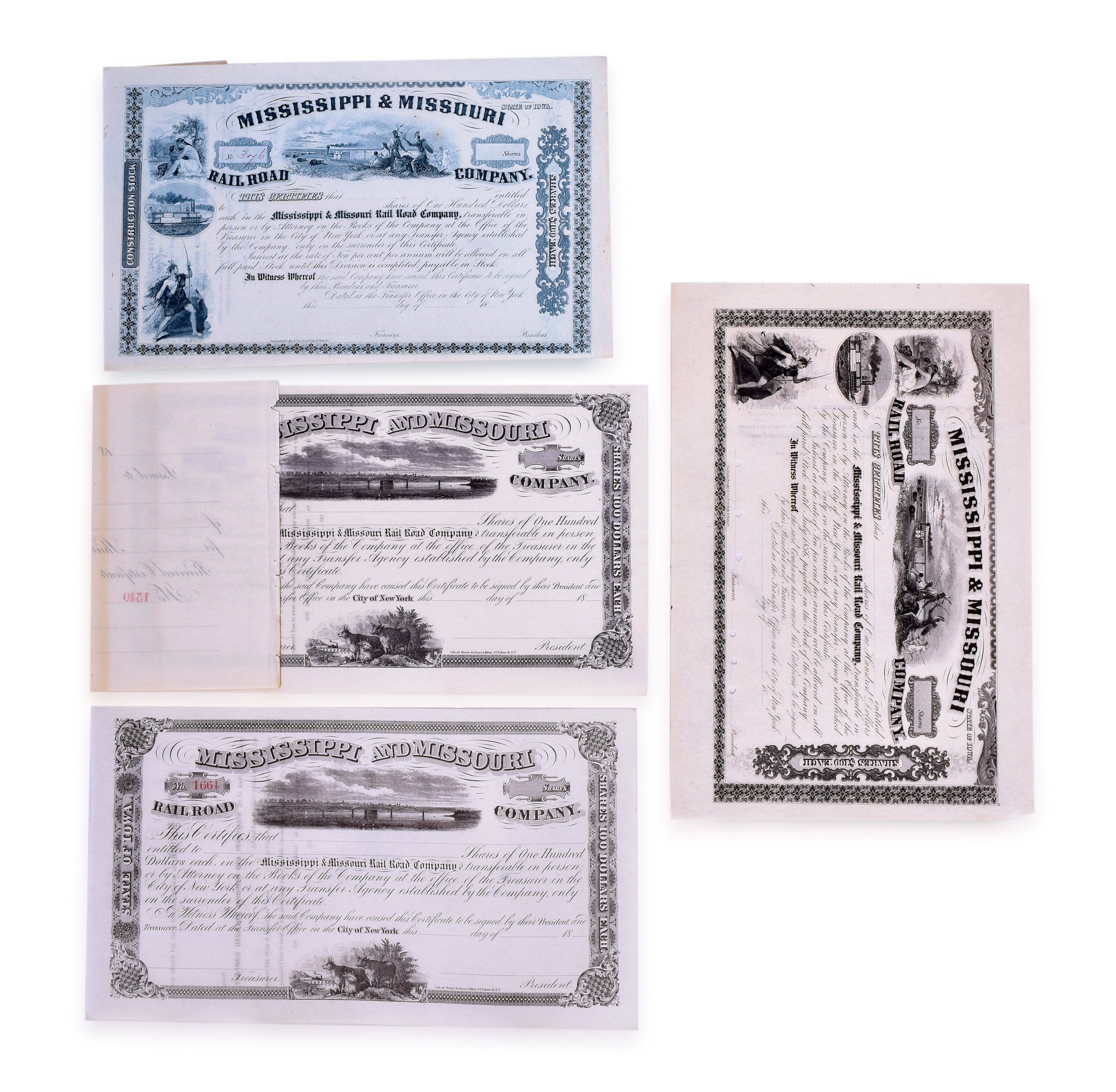 2483 - Four Unissued 1800s Mississippi and Missouri Railroad Stock Certificates thumbnail