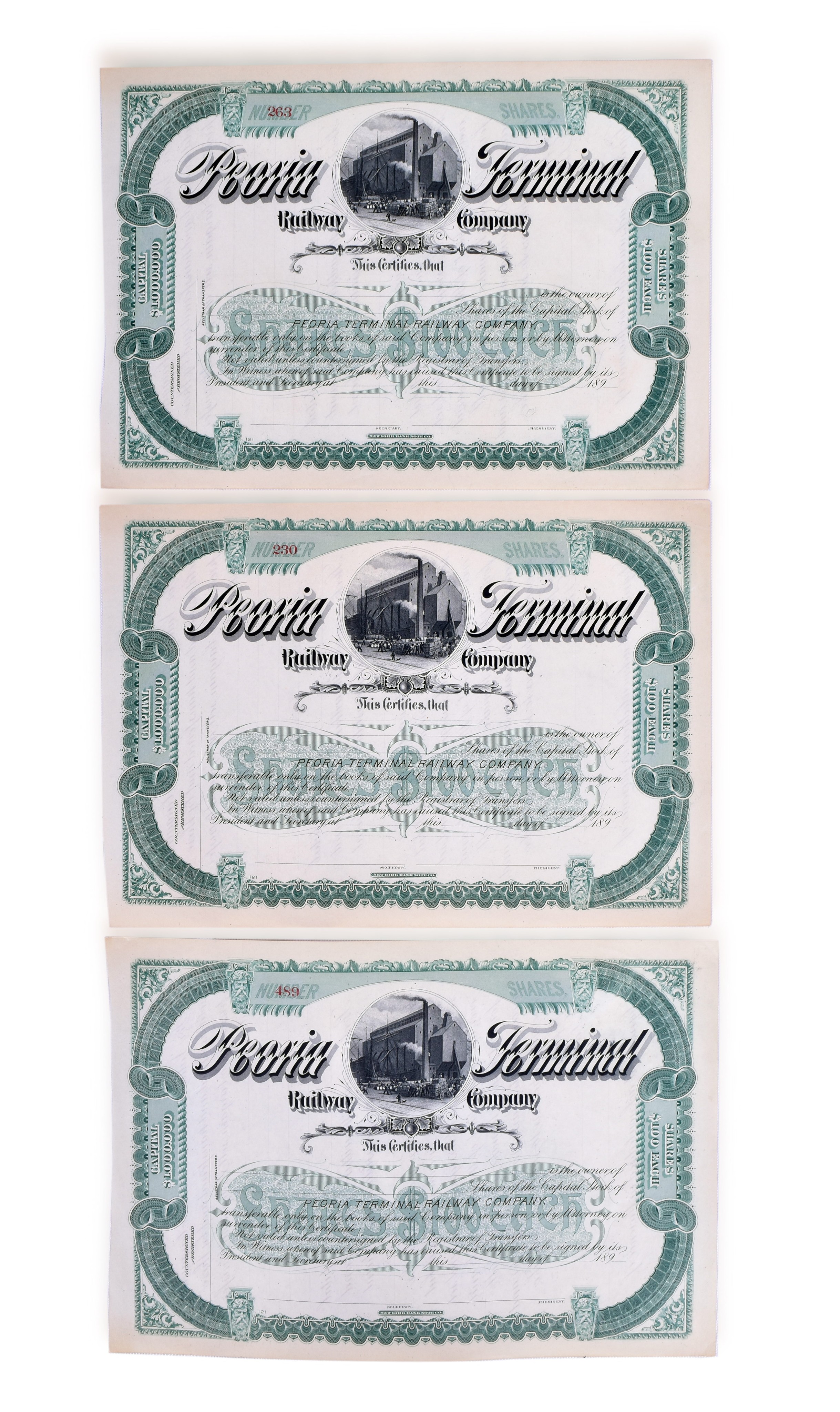 2485 - Three Unused 1890's Peoria Terminal Railway Stock Certificates thumbnail