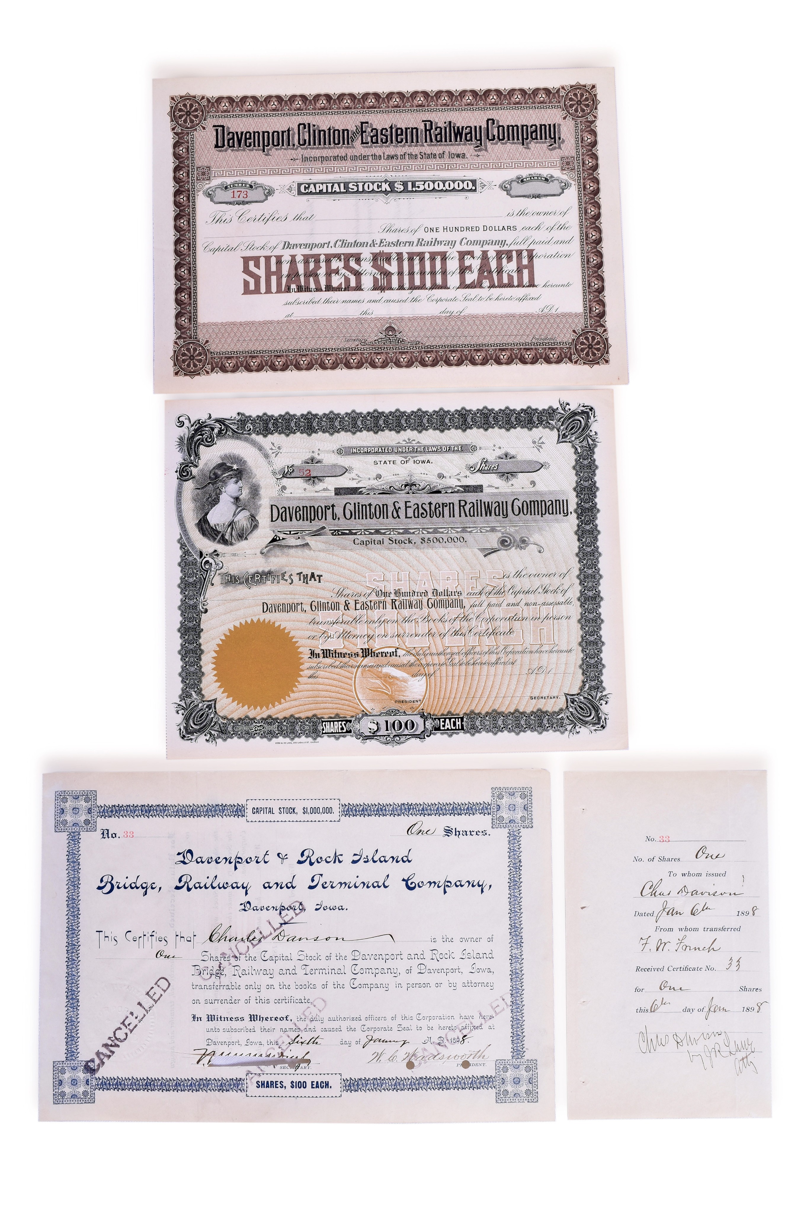 2487 - Three Davenport, Clinton and Eastern / Davenport Rock Island Bridge, Railway and Terminal Stock Certificates thumbnail