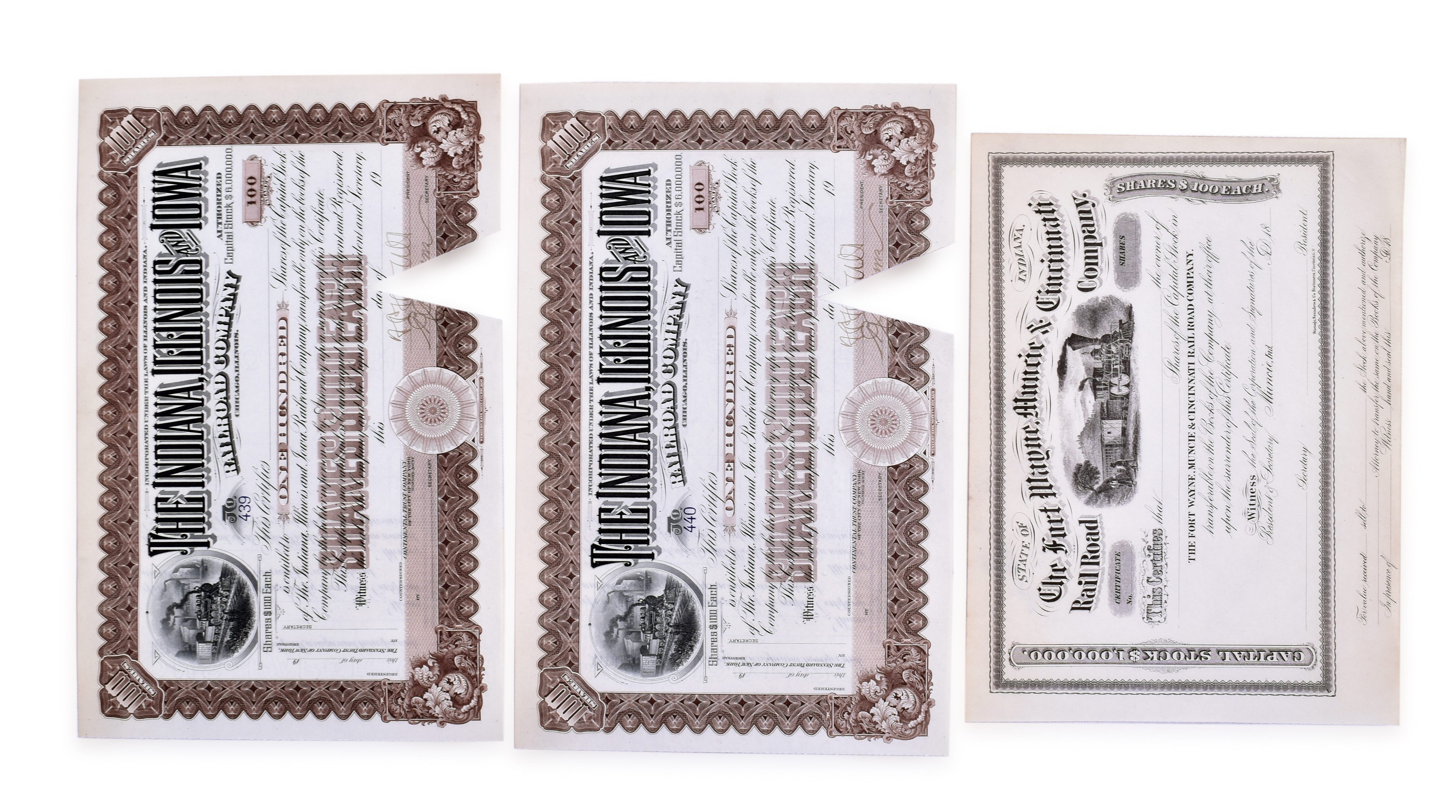 2489 - Indiana, Illinois and Iowa Railroad and Fort Wayne, Muncie & Cincinnati Railroad Company Stock Certificates thumbnail