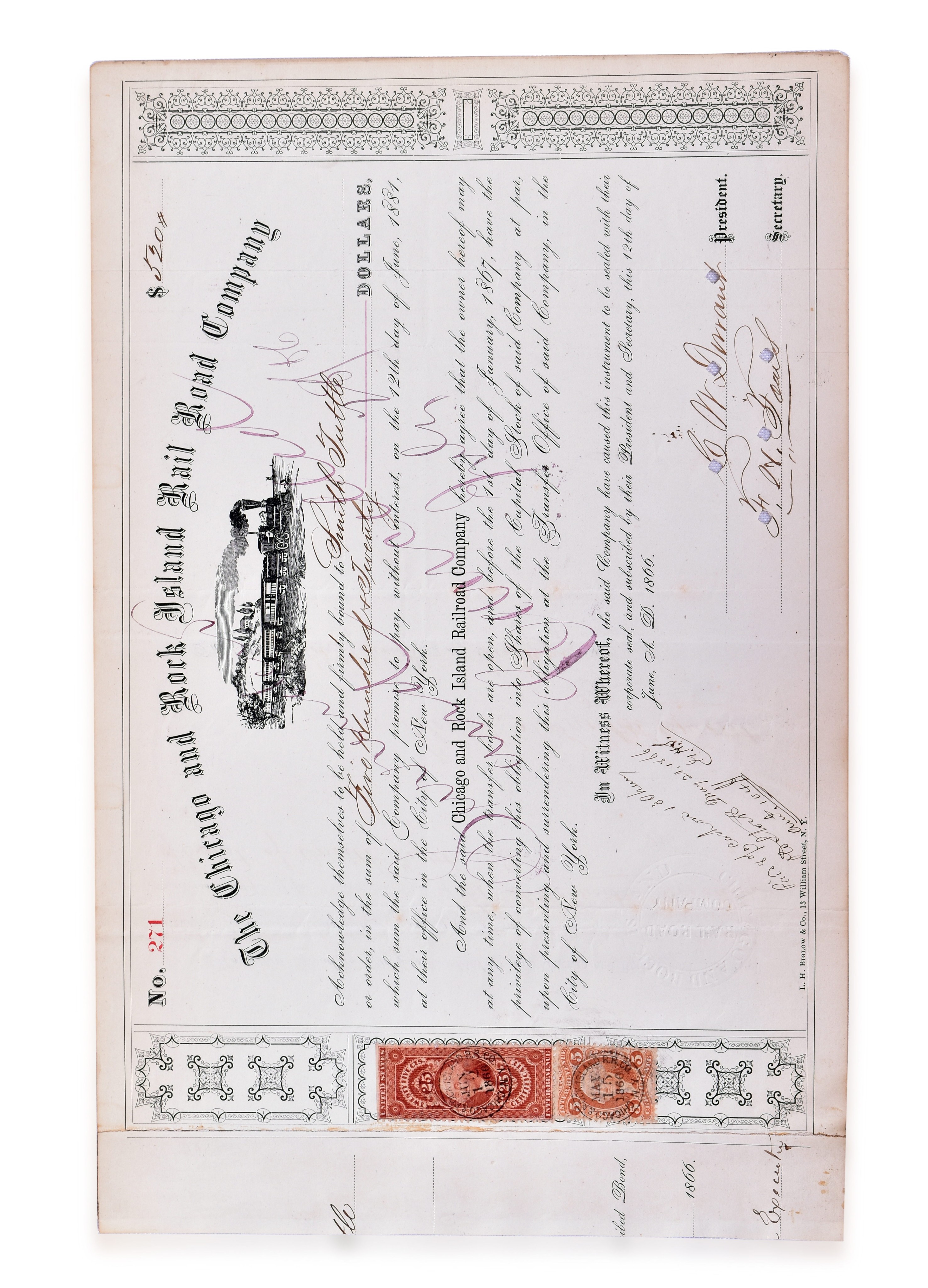 2491 - Chicago and Rock Island Railroad 1866 Stock Conversion Certificate thumbnail