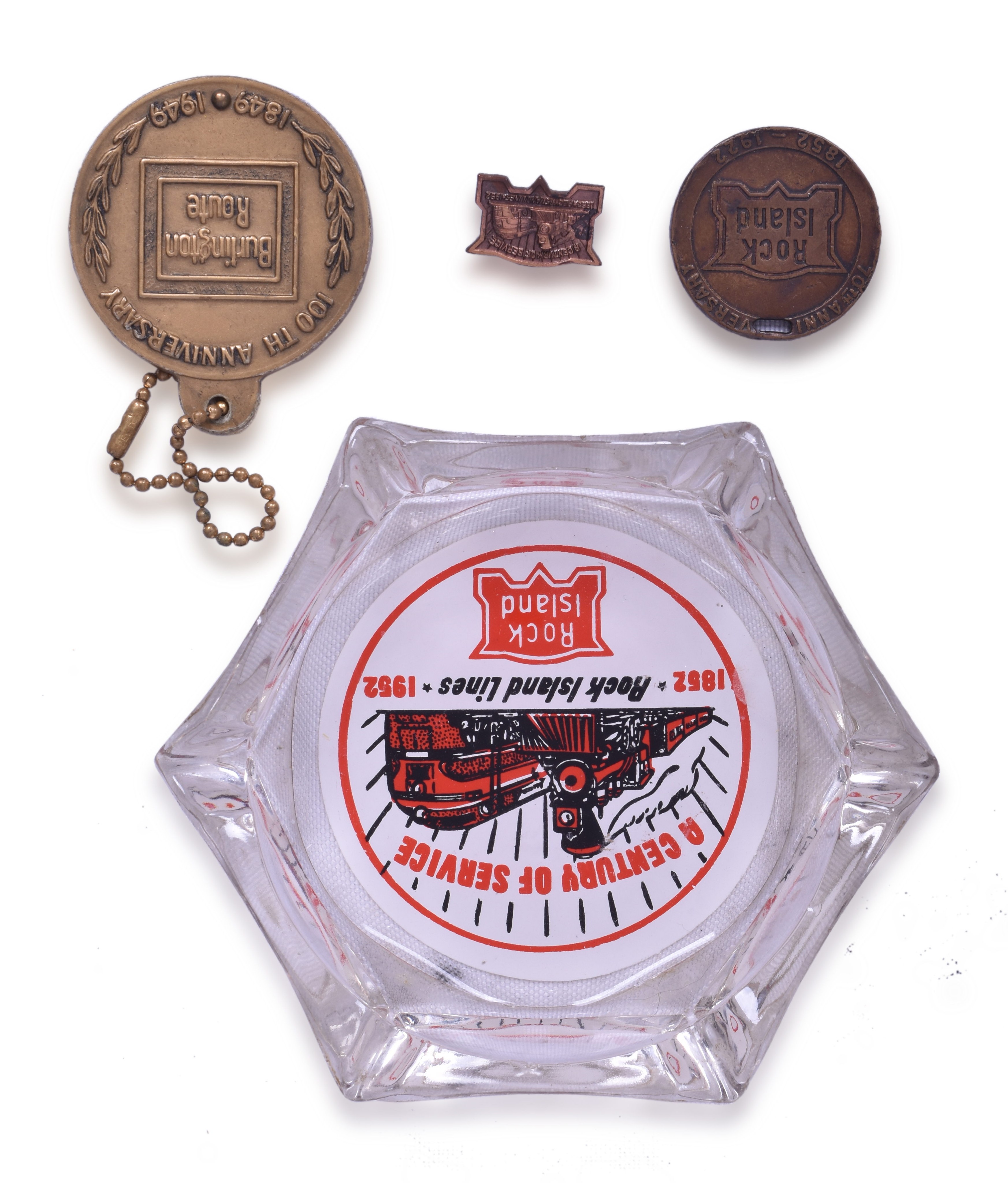 2492 - Group of Rock Island Anniversary Promotional Items - Ash Tray, Medallions, and Pin thumbnail