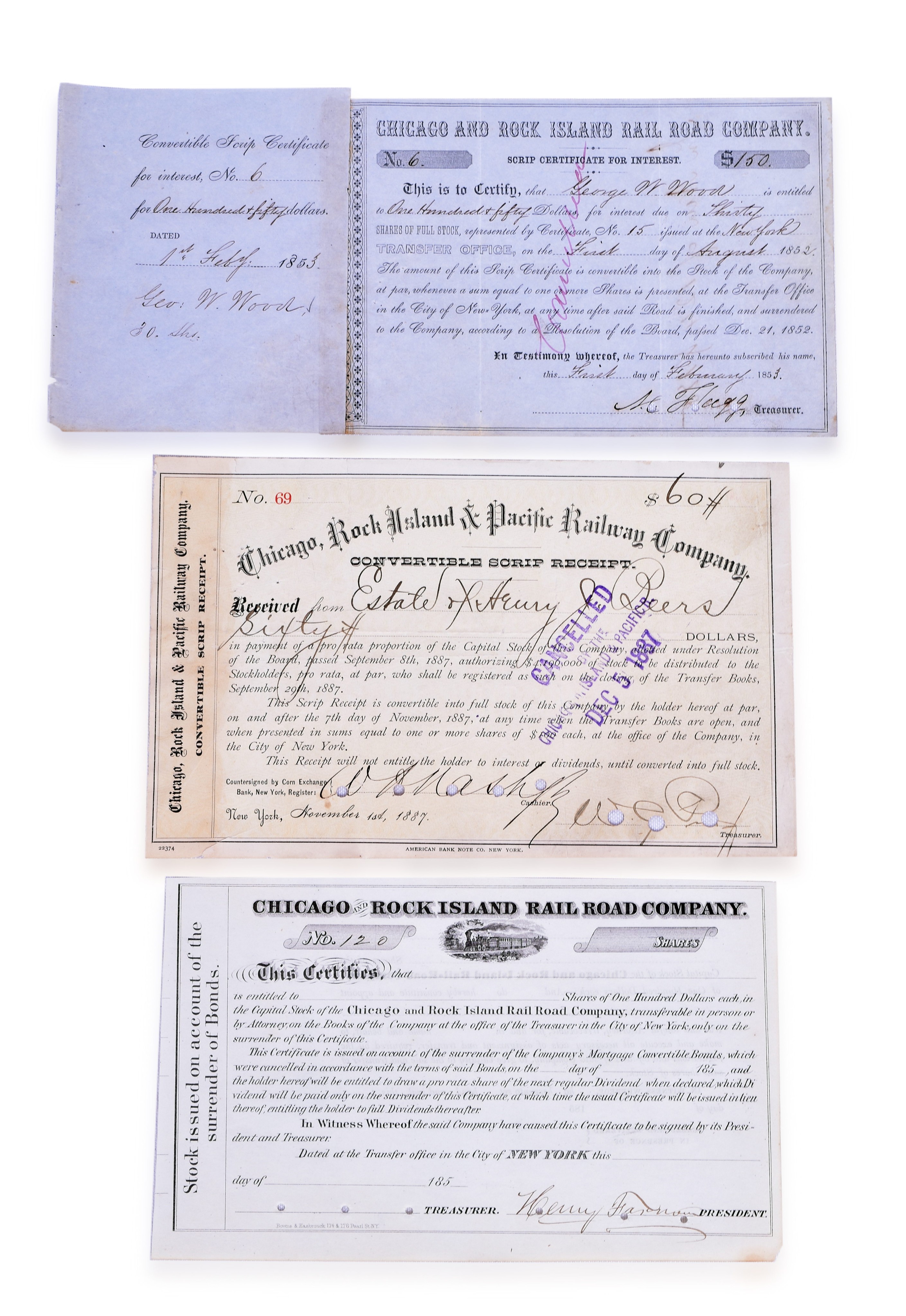 2493 - Three Chicago, Rock Island & Pacific Scrip Certificates / Receipts thumbnail