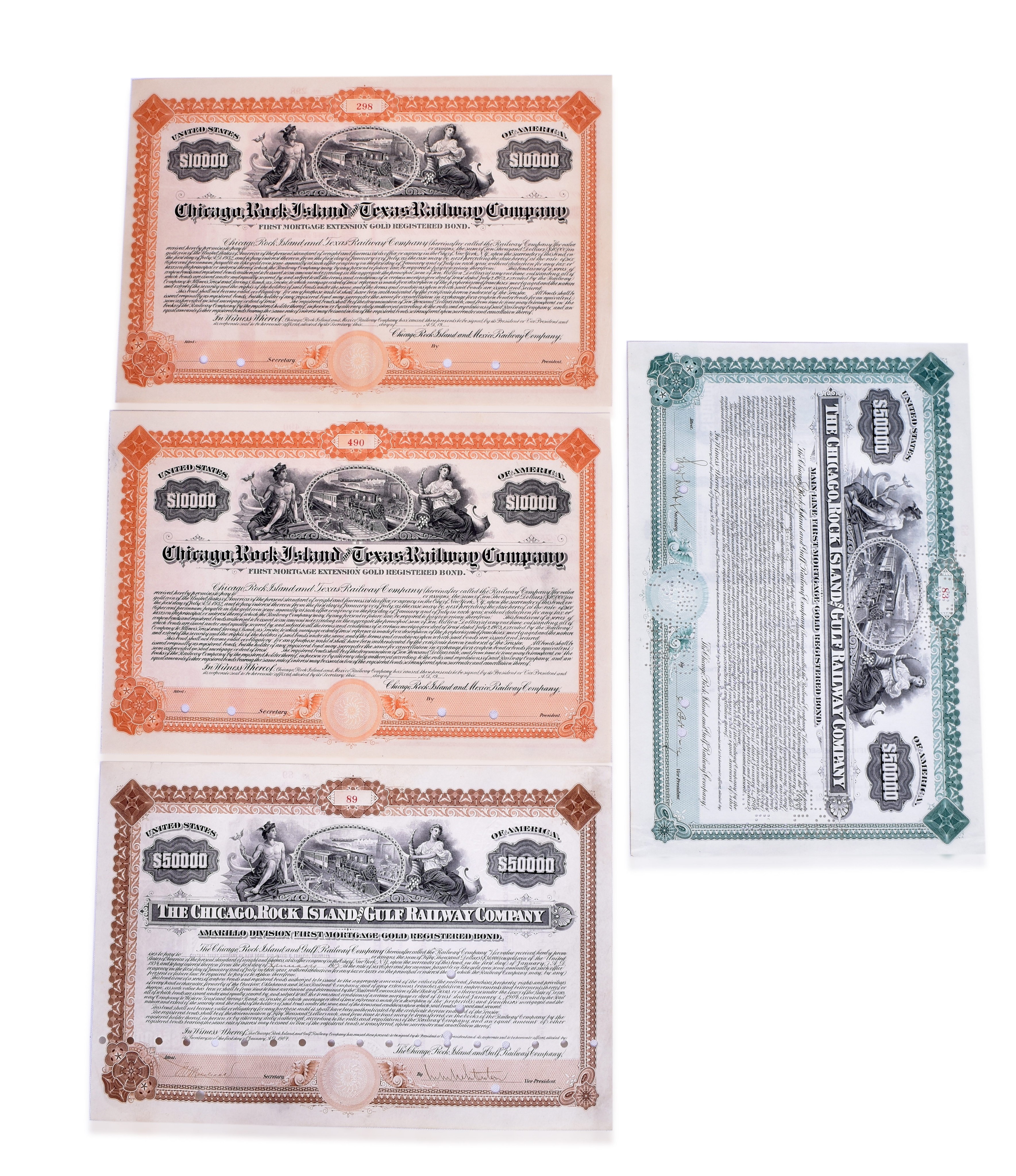 2497 - Four Chicago, Rock Island & Texas and Chicago, Rock Island & Gulf Railroad Gold Bonds thumbnail