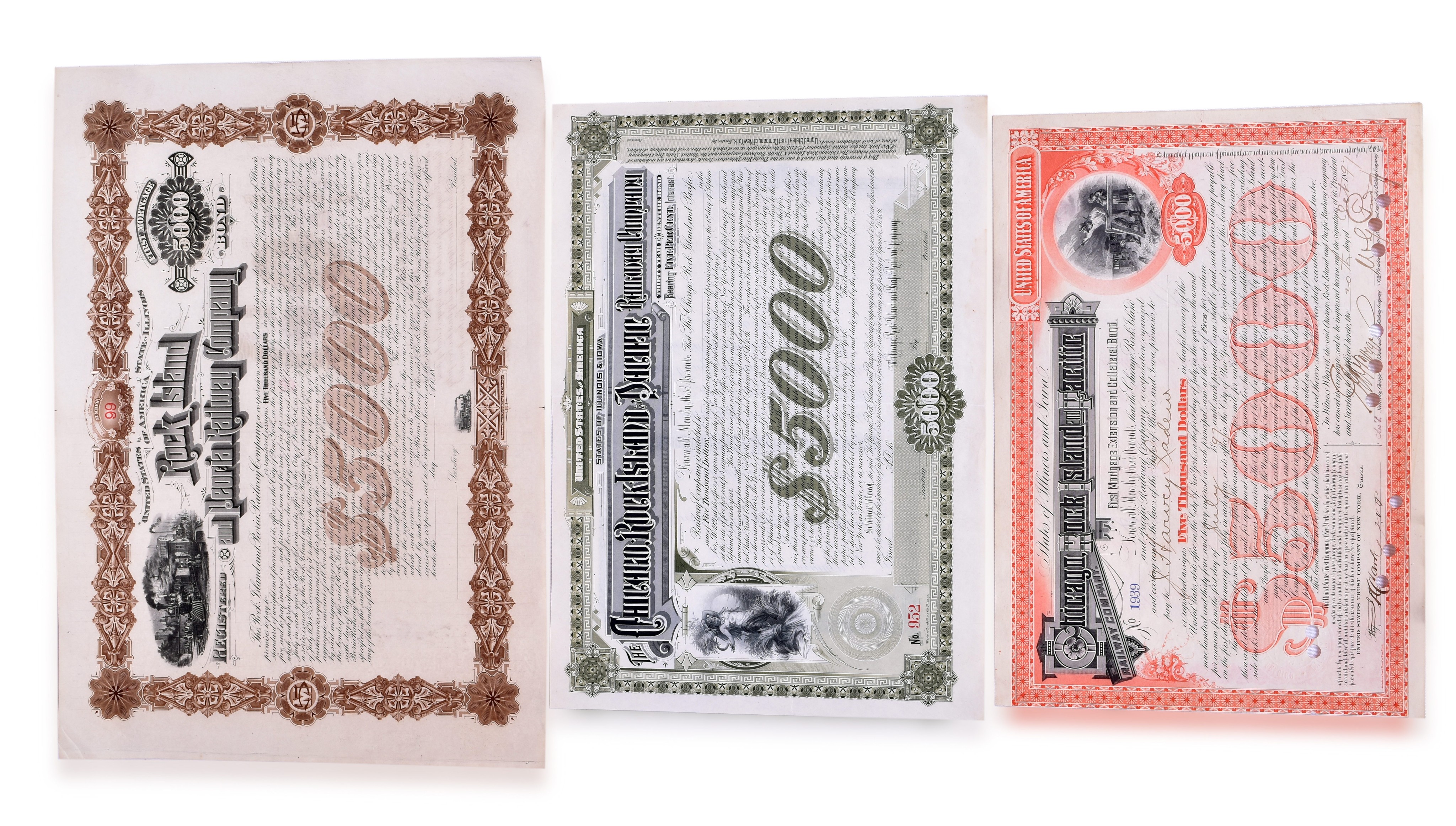 2501 - Three Late 1800's Chicago, Rock Island & Pacific $5000 Bond Certificates thumbnail